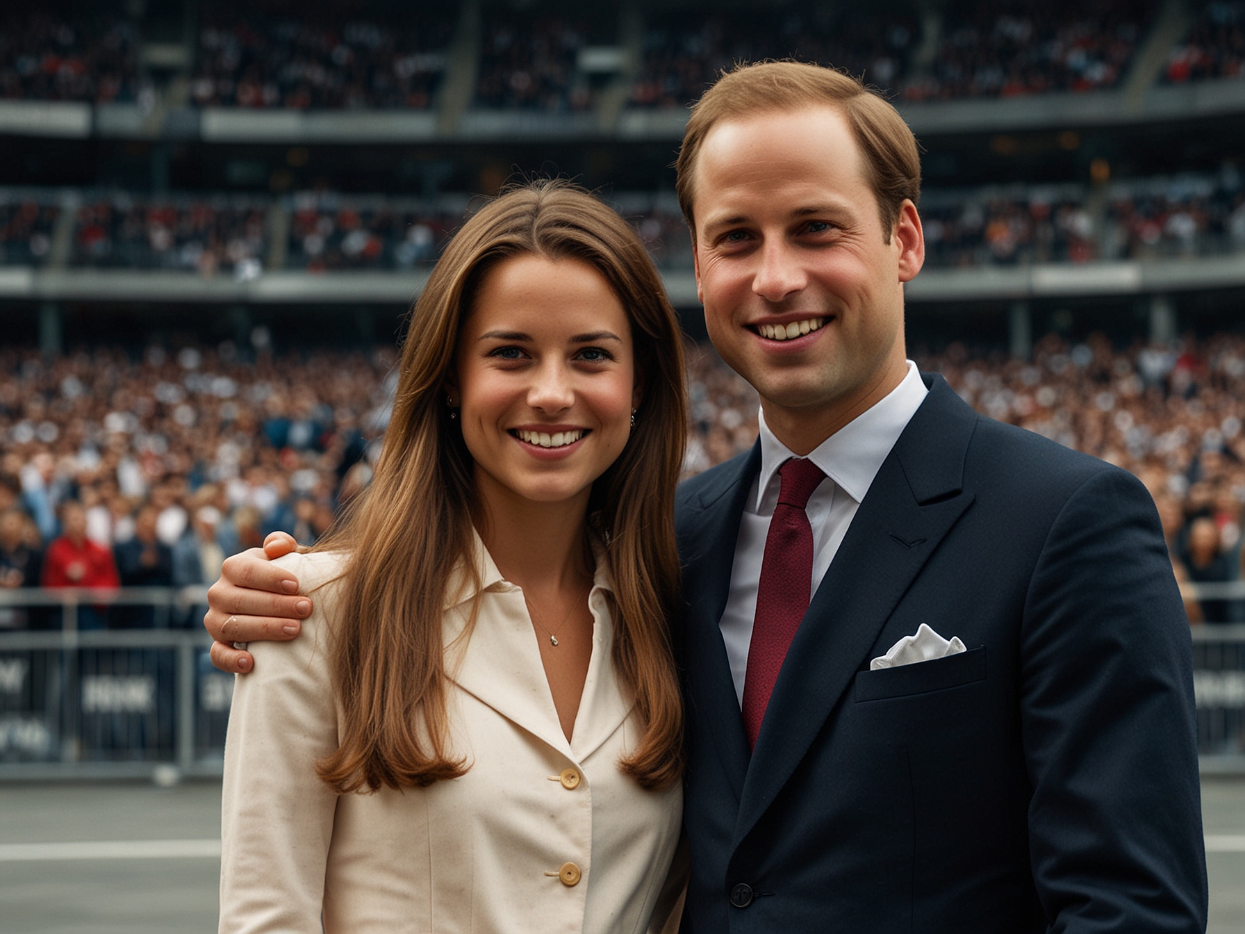 Prince William, Princess Josephine with her radiant smile, and King Frederik posing together at Frankfurt Arena. The backdrop showcases the grandeur of the venue, adding to the photo's majestic aura.