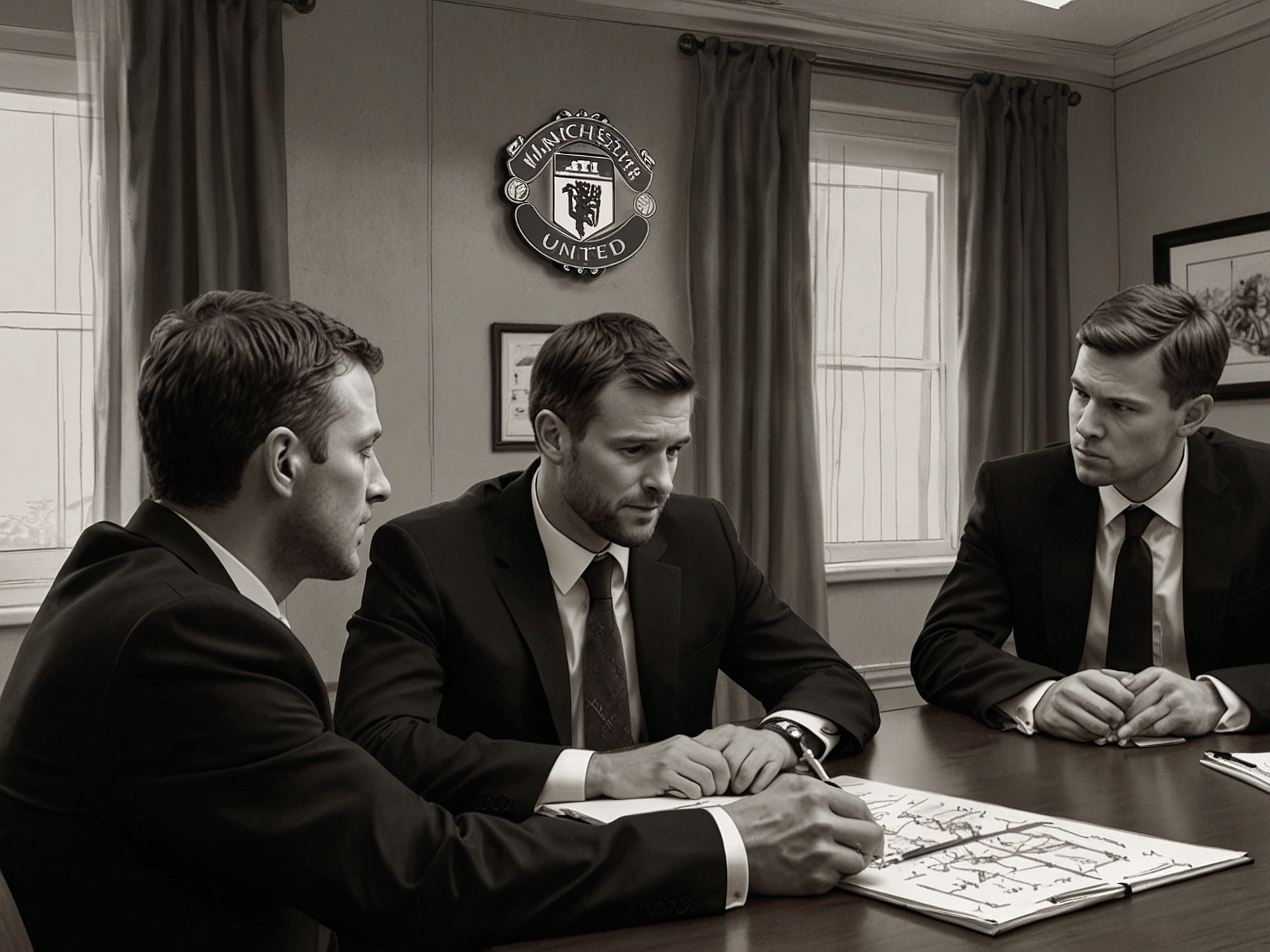 An image showing Manchester United representatives in deep discussion at a transfer meeting, symbolizing the complex and competitive negotiations for Jarrad Branthwaite.