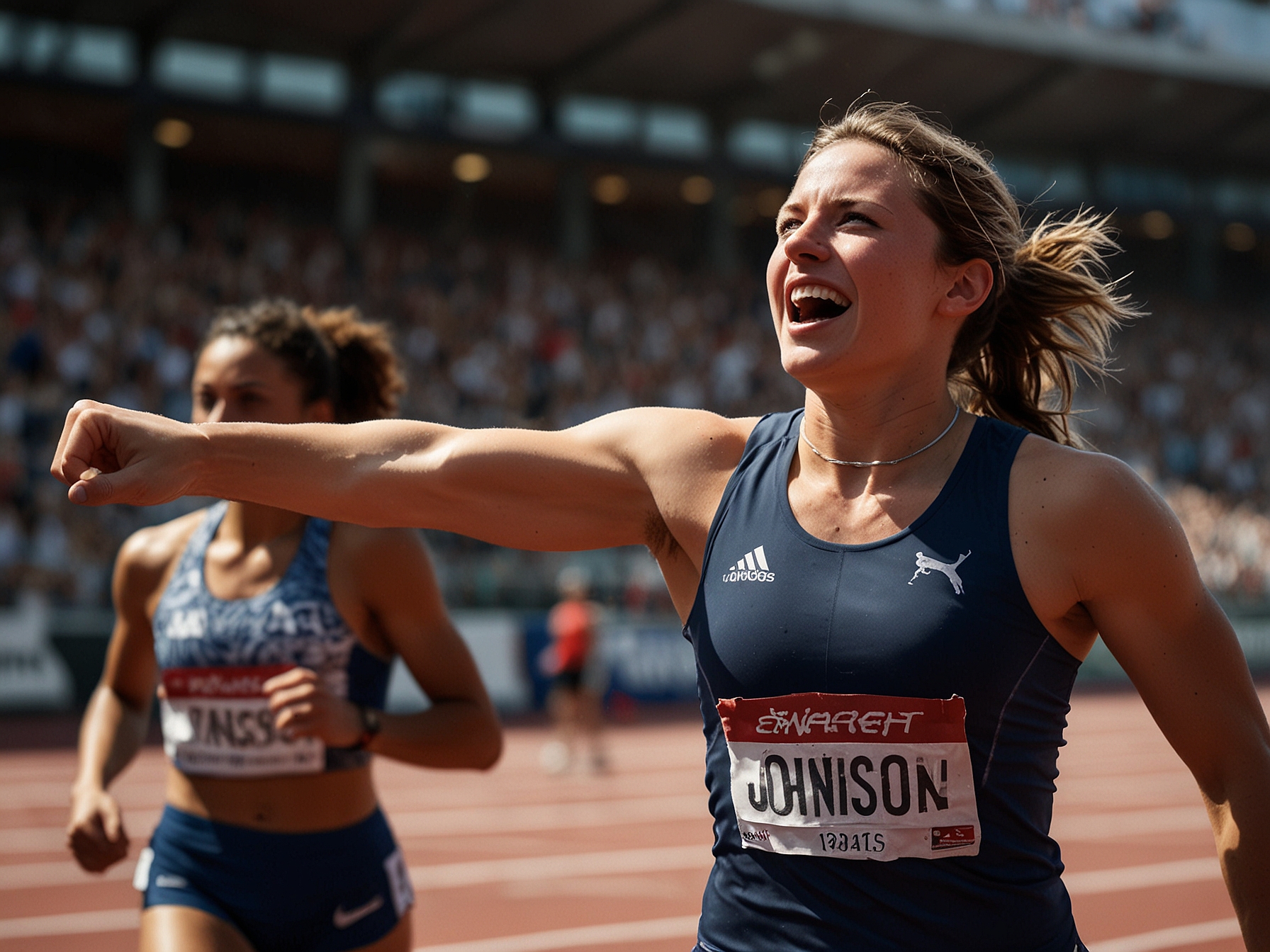 Sarah Johnson celebrates after winning the 100-meter race qualifiers in Budapest, securing her spot for the Paris Games. Her victory is marked by sheer determination and athletic excellence.