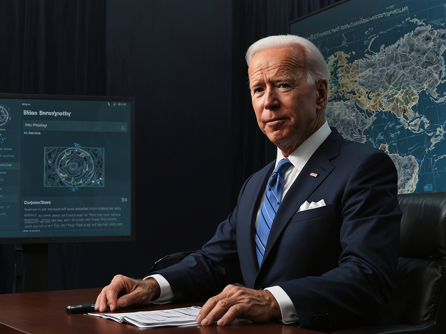 President Joe Biden at a press conference, explaining the need for stringent cybersecurity measures and announcing the ban on Kaspersky antivirus software due to its alleged Russian connections.