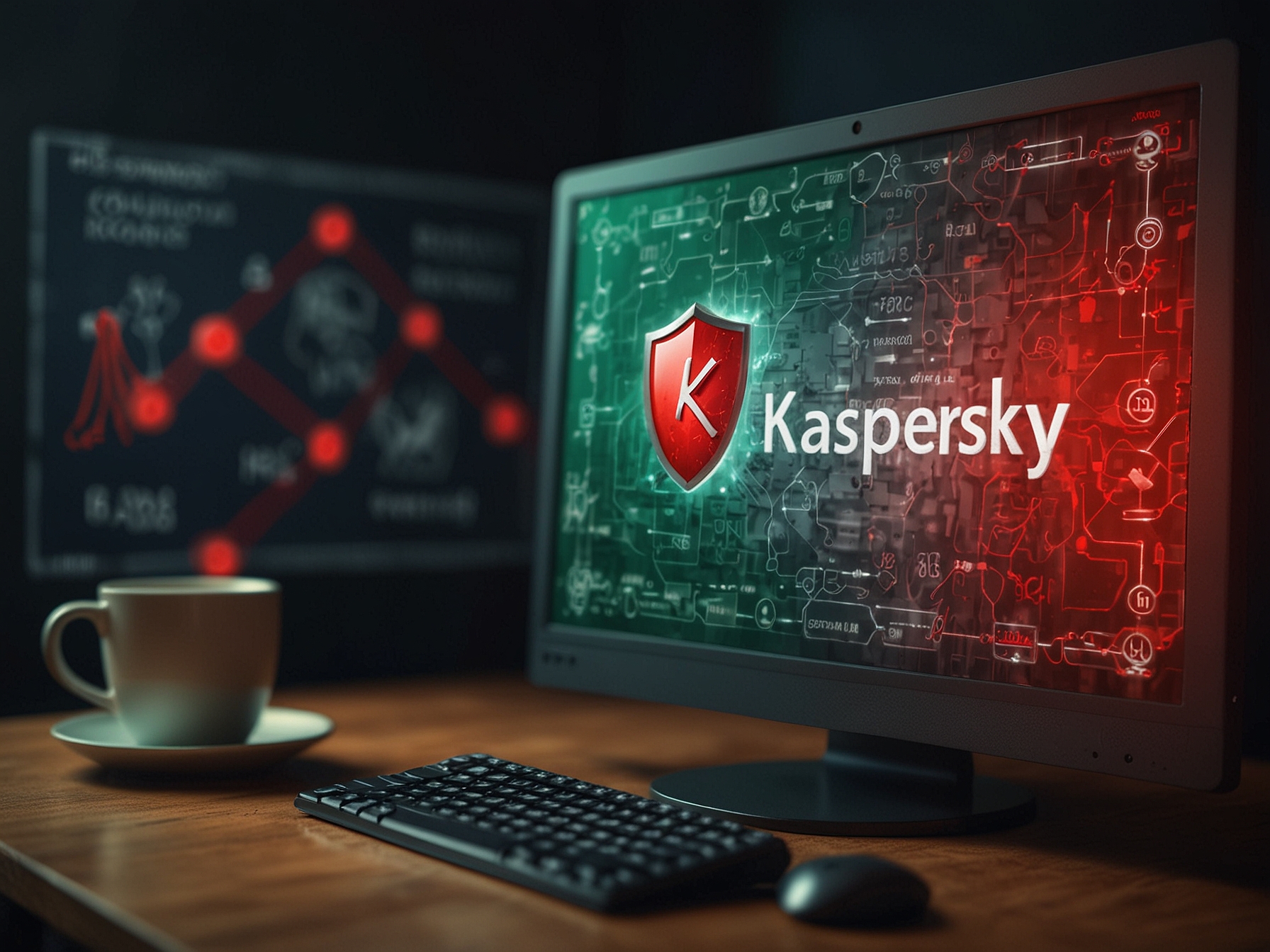 A computer screen displaying the Kaspersky antivirus software interface, with a red alert icon symbolizing the security risks and the recent ban imposed by the Biden administration.