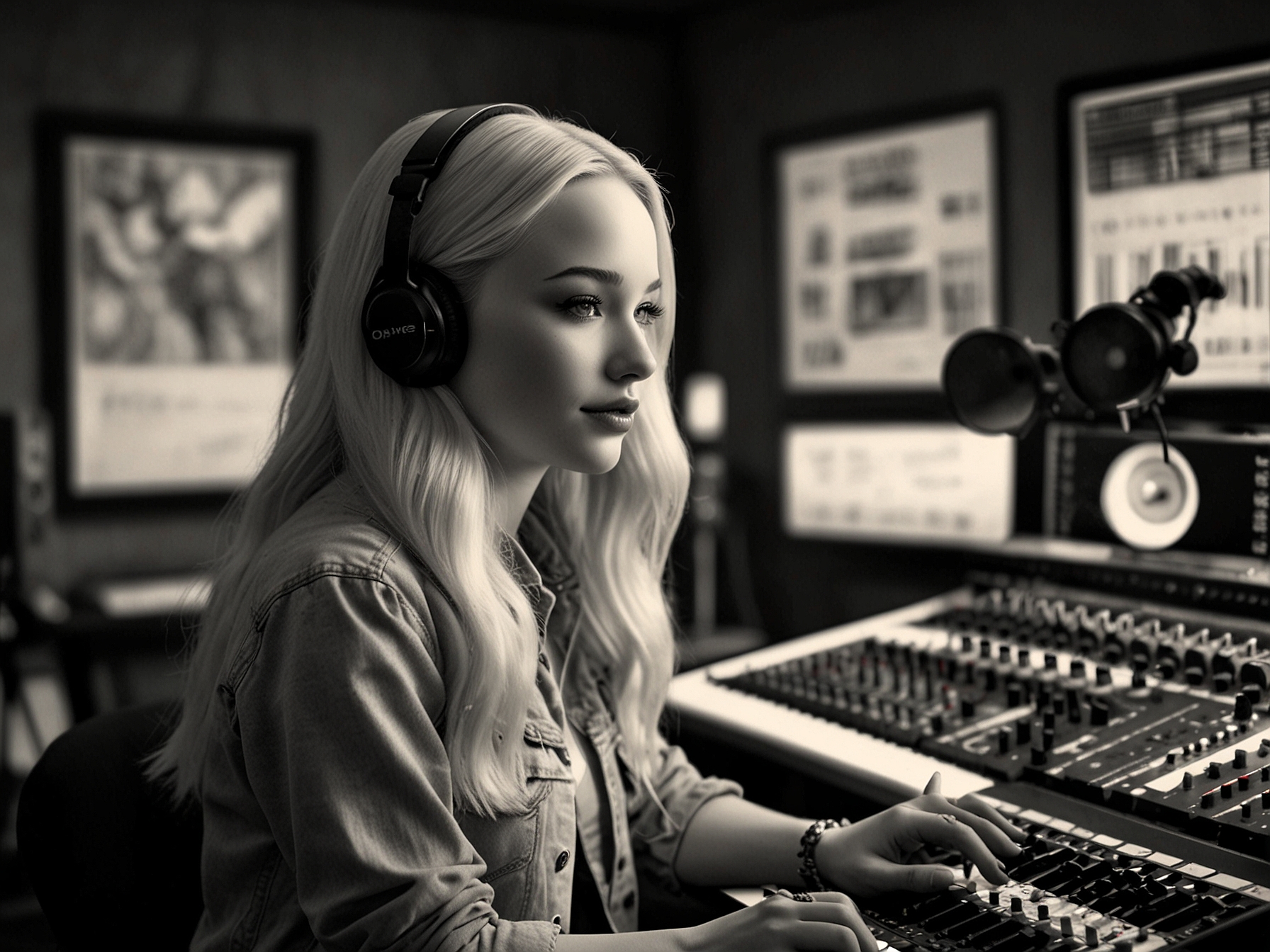 Dove Cameron in a recording studio, actively involved in the production process. She appears focused and empowered, highlighting her hands-on approach and creative freedom in making music.