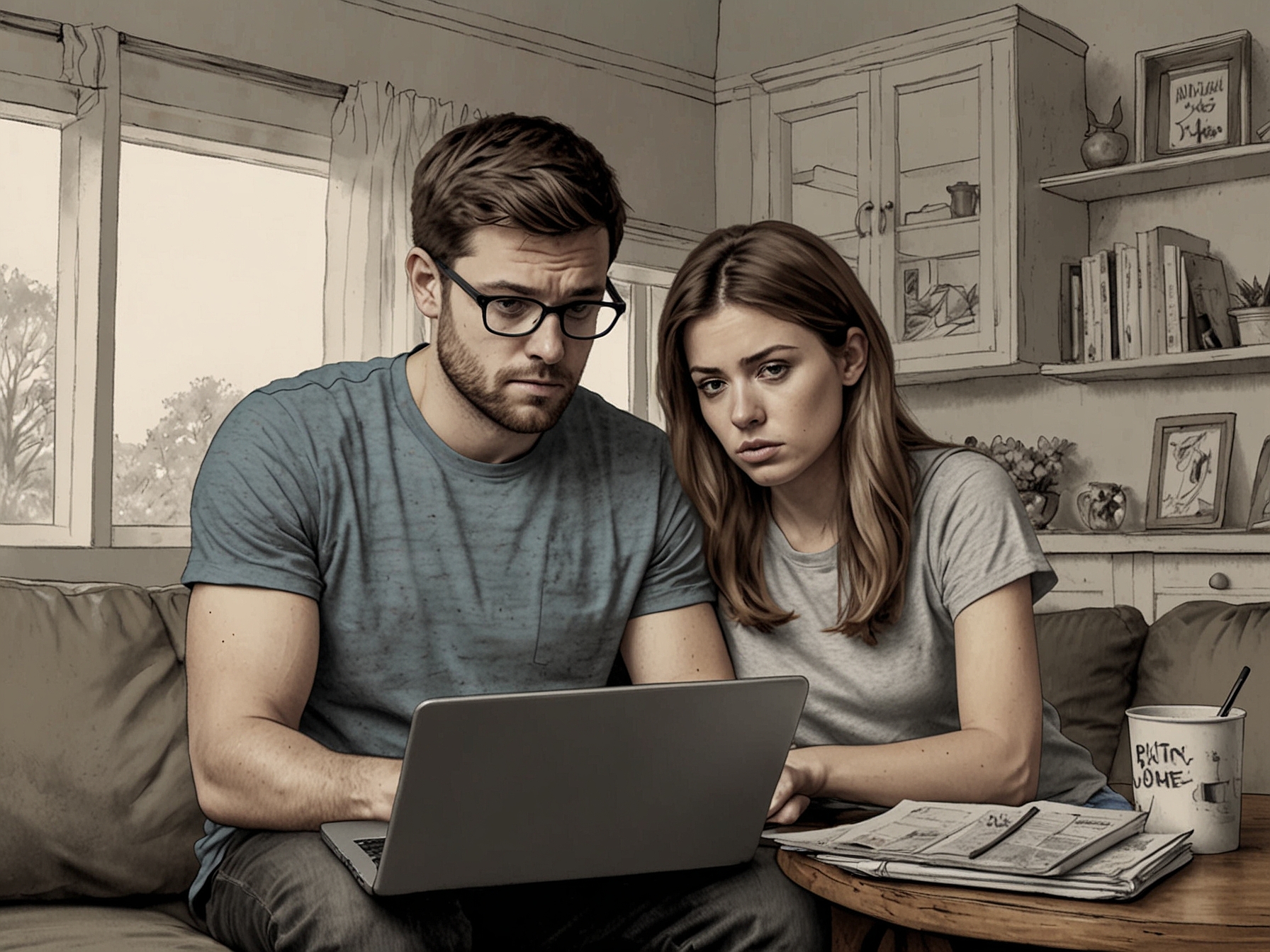 A young couple looks frustrated as they browse property listings on a laptop, highlighting the challenges millennials face in buying homes due to high mortgage rates and property prices.
