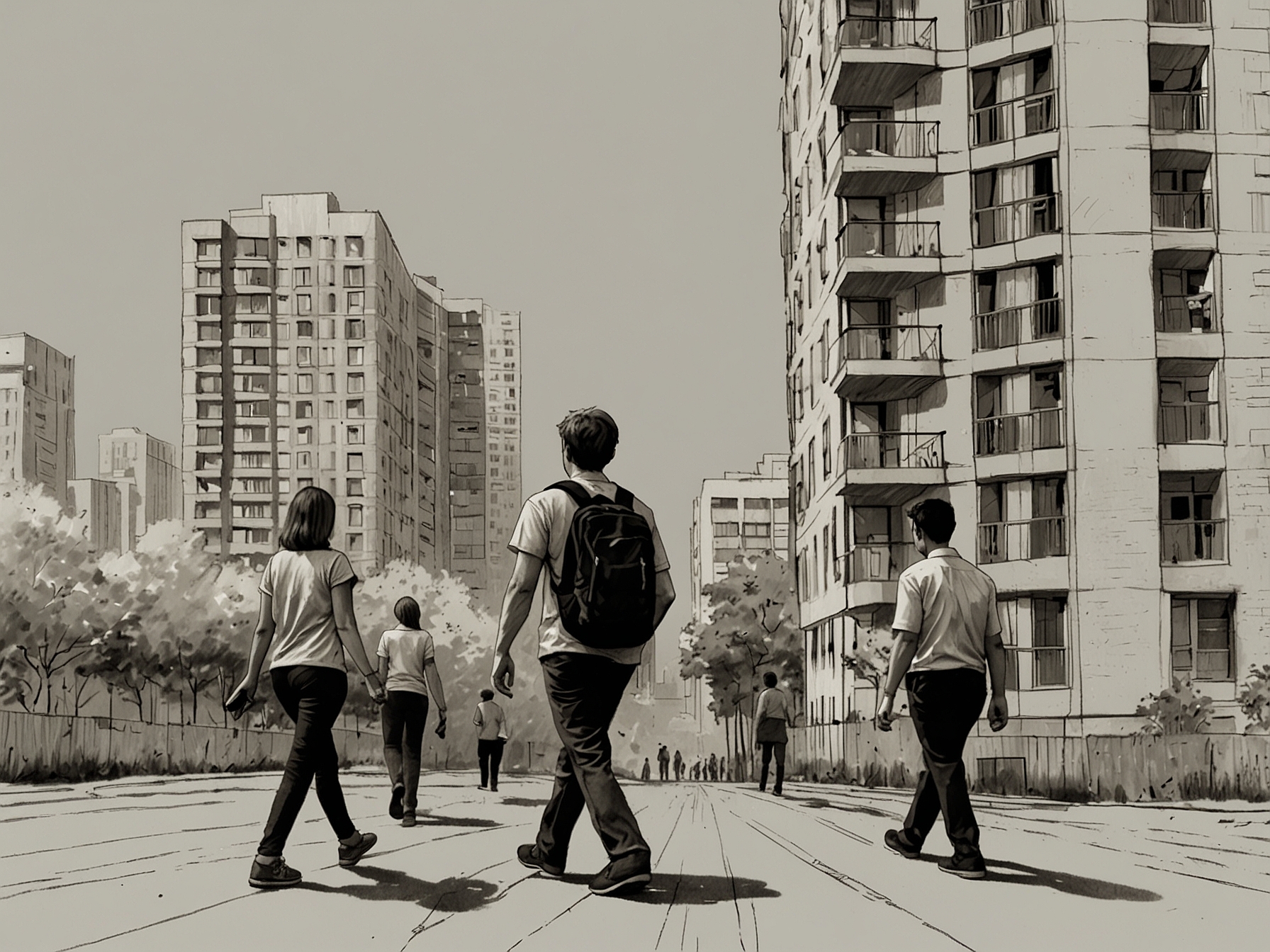 An urban setting showing millennials walking past high-rise apartment buildings, illustrating the financial and emotional hurdles they face in achieving homeownership in expensive cities.