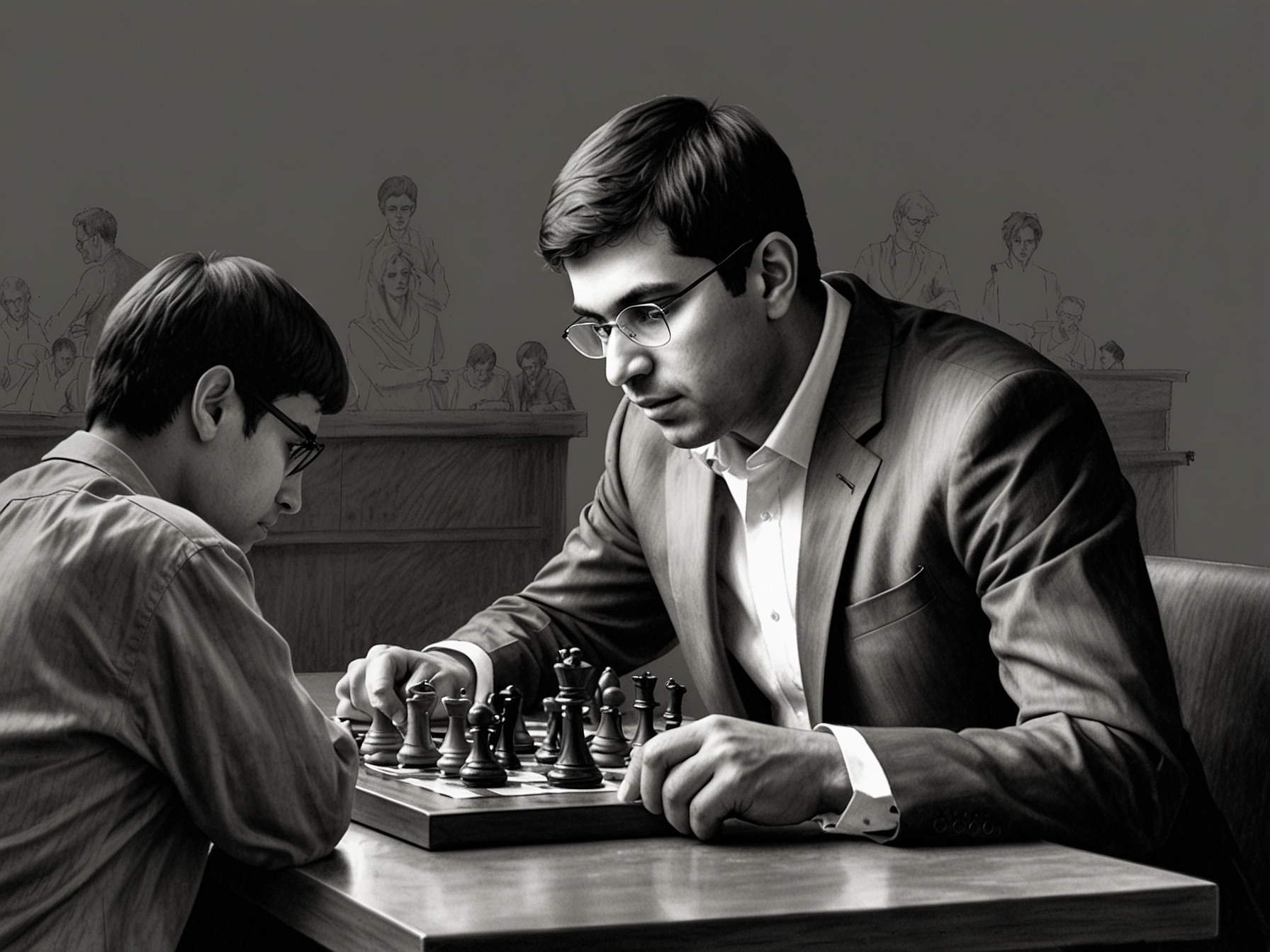 Viswanathan Anand playing chess against a young opponent, symbolizing his role as a mentor and inspiration for the next generation of chess players in India and Asia.