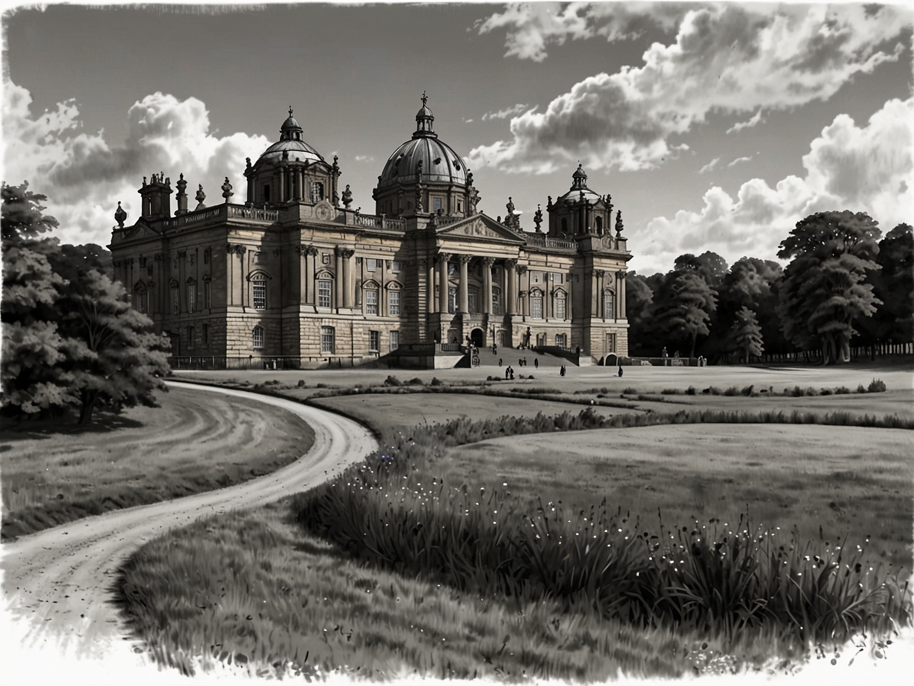 A scenic view of Castle Howard, representing Simon Howard's legacy and the historical significance that he and Rebecca passionately preserved during their union.