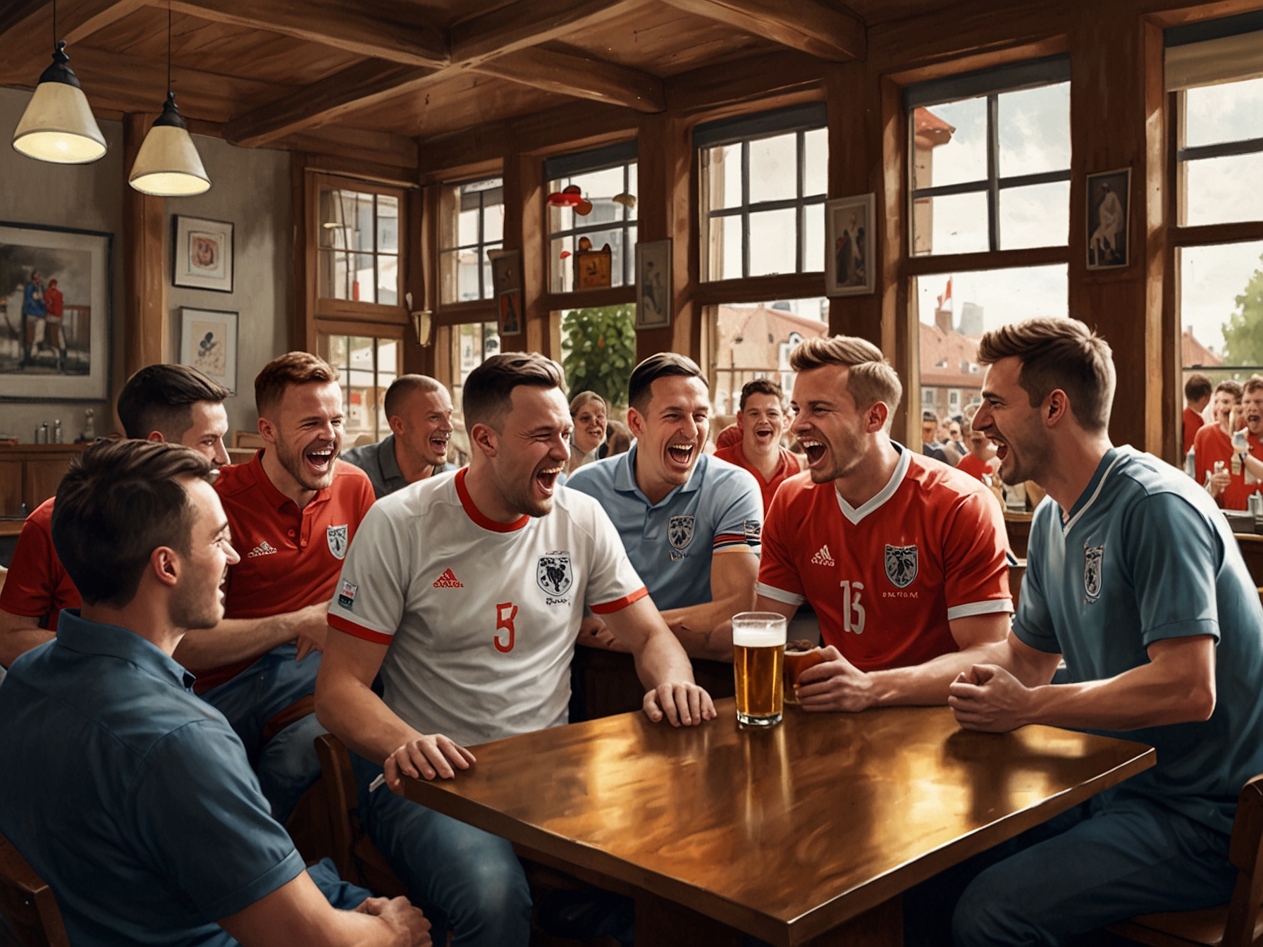 A bustling pub in Berlin filled with English fans sporting white and red jerseys, chanting and enjoying beers, as they eagerly discuss the upcoming Euros match against Slovenia.