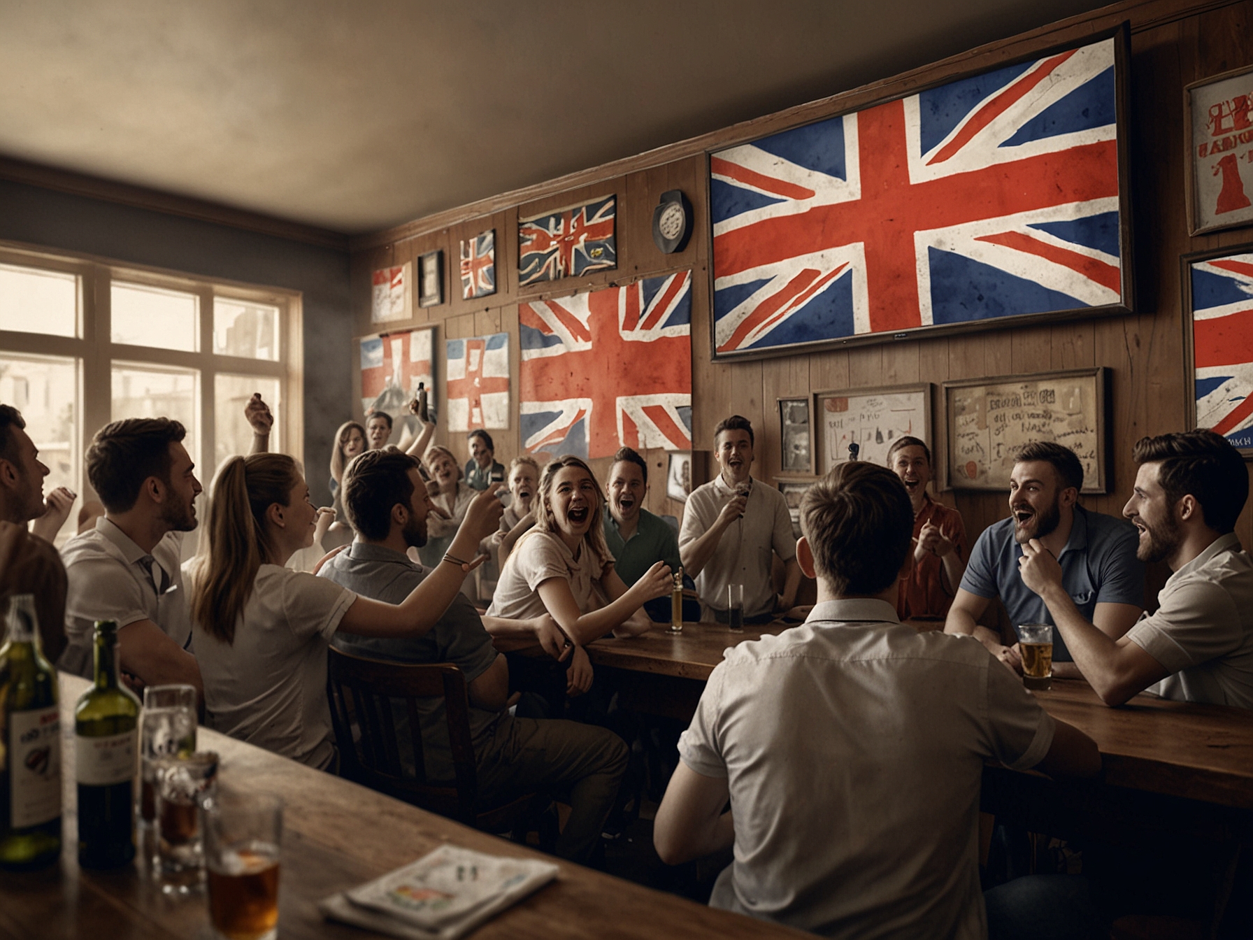 Fans in a Munich bar gathered around a big screen TV, adorned with English flags, passionately cheering and showing camaraderie as they anticipate the critical match.