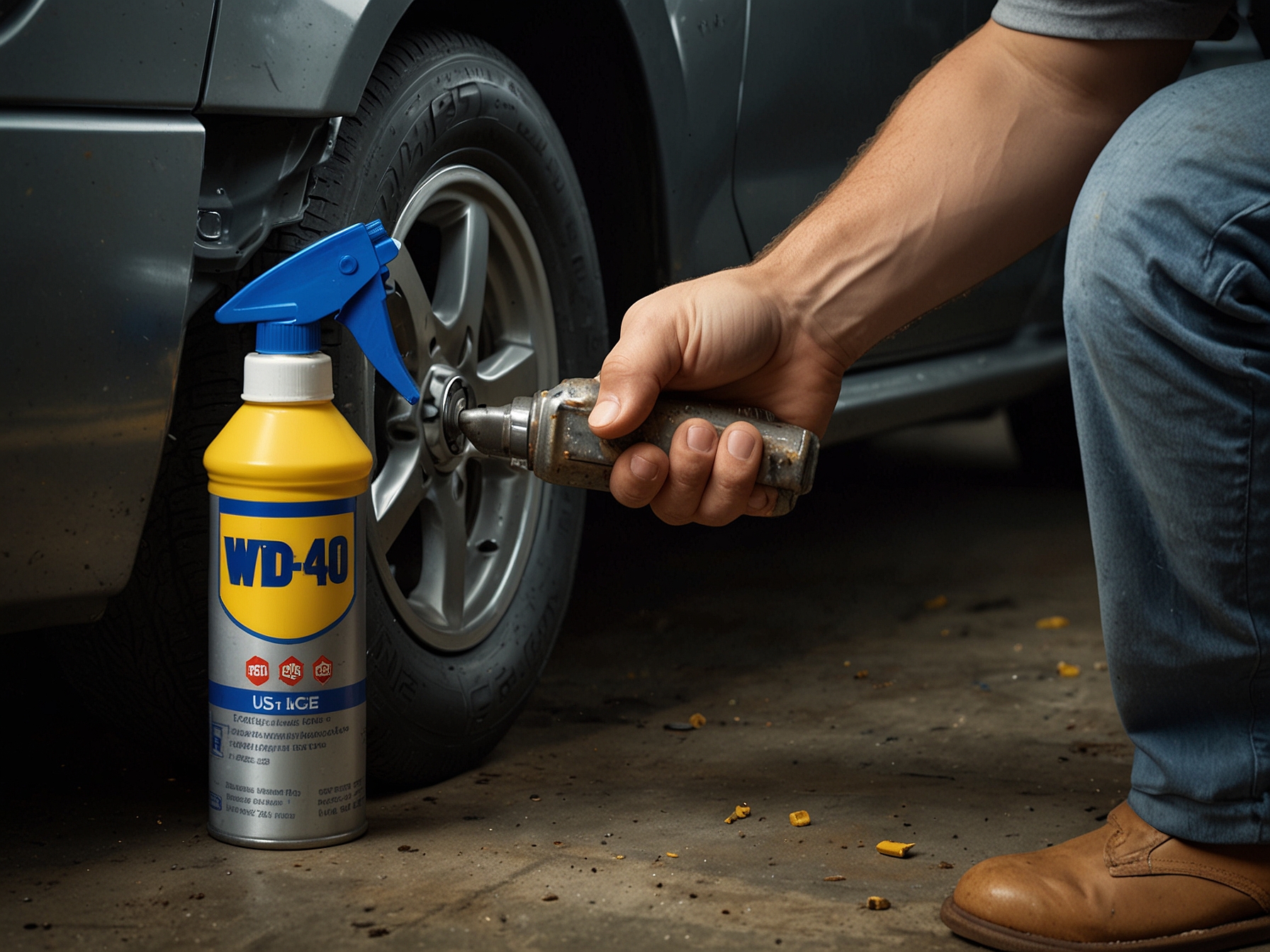 Close-up of a person applying WD-40 to the car's undercarriage and door hinges, showcasing the spray's rust-prevention qualities as recommended by the RAC.