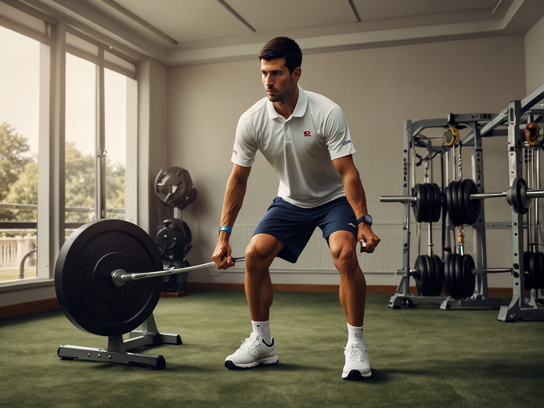 Novak Djokovic performs a series of knee strengthening exercises in a gym, showcasing his dedication and intense recovery routine post-surgery ahead of the Wimbledon Championships.