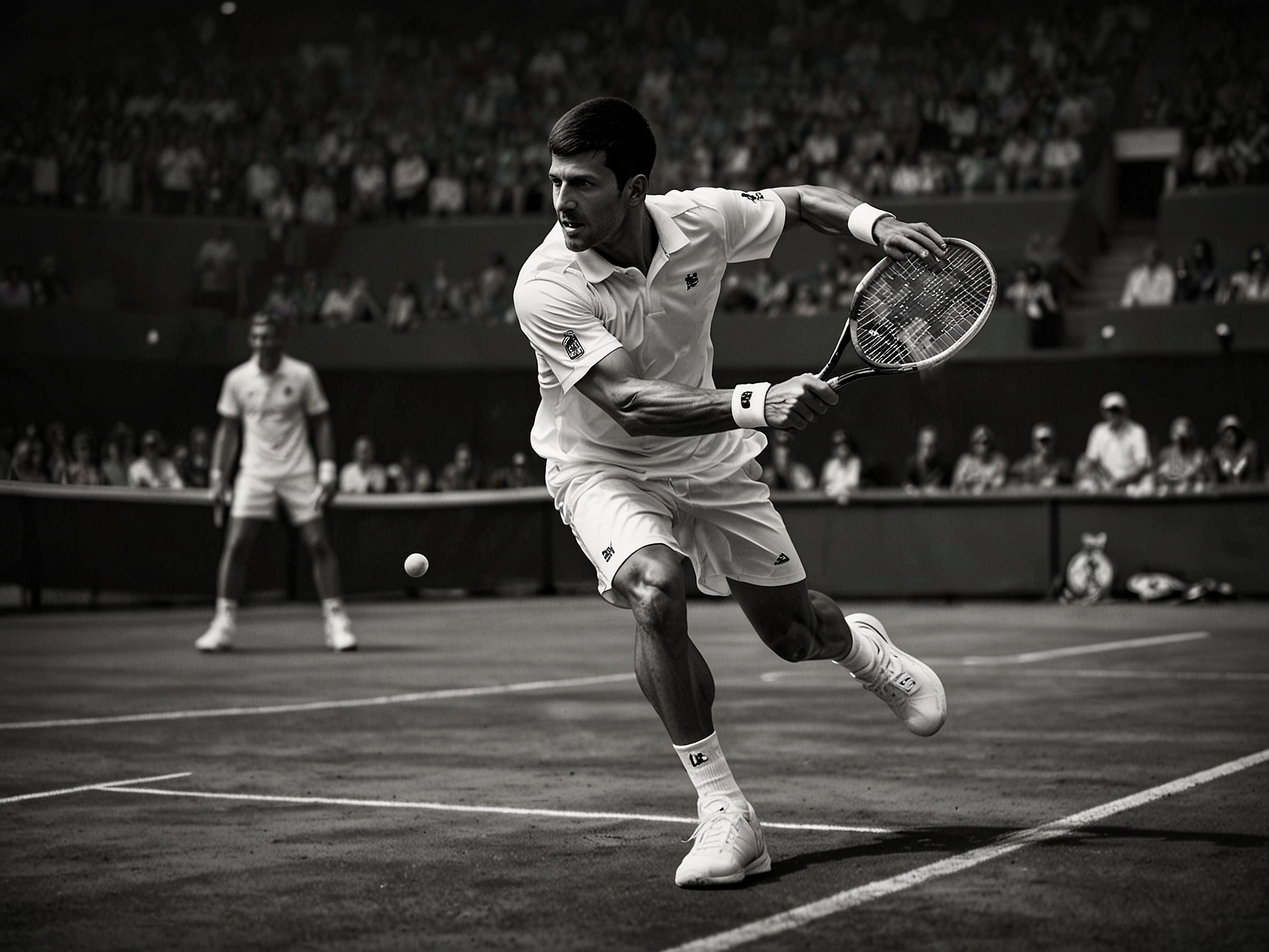 Djokovic is seen practicing on a tennis court, engaging in drills and precision shots, highlighting his unwavering determination to regain top form and compete in Wimbledon.