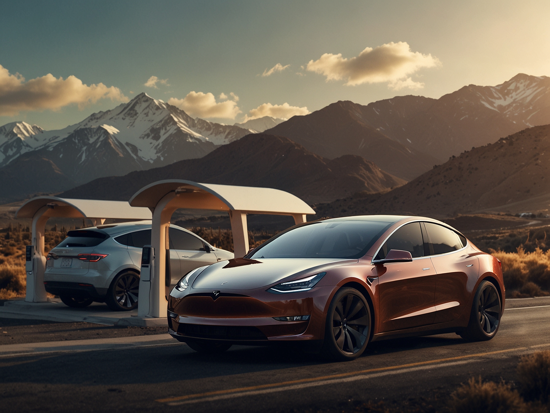 A family embarking on a road trip in a Tesla Model Y, with an infographic showing the cost savings of charging the EV compared to refueling a gasoline vehicle.