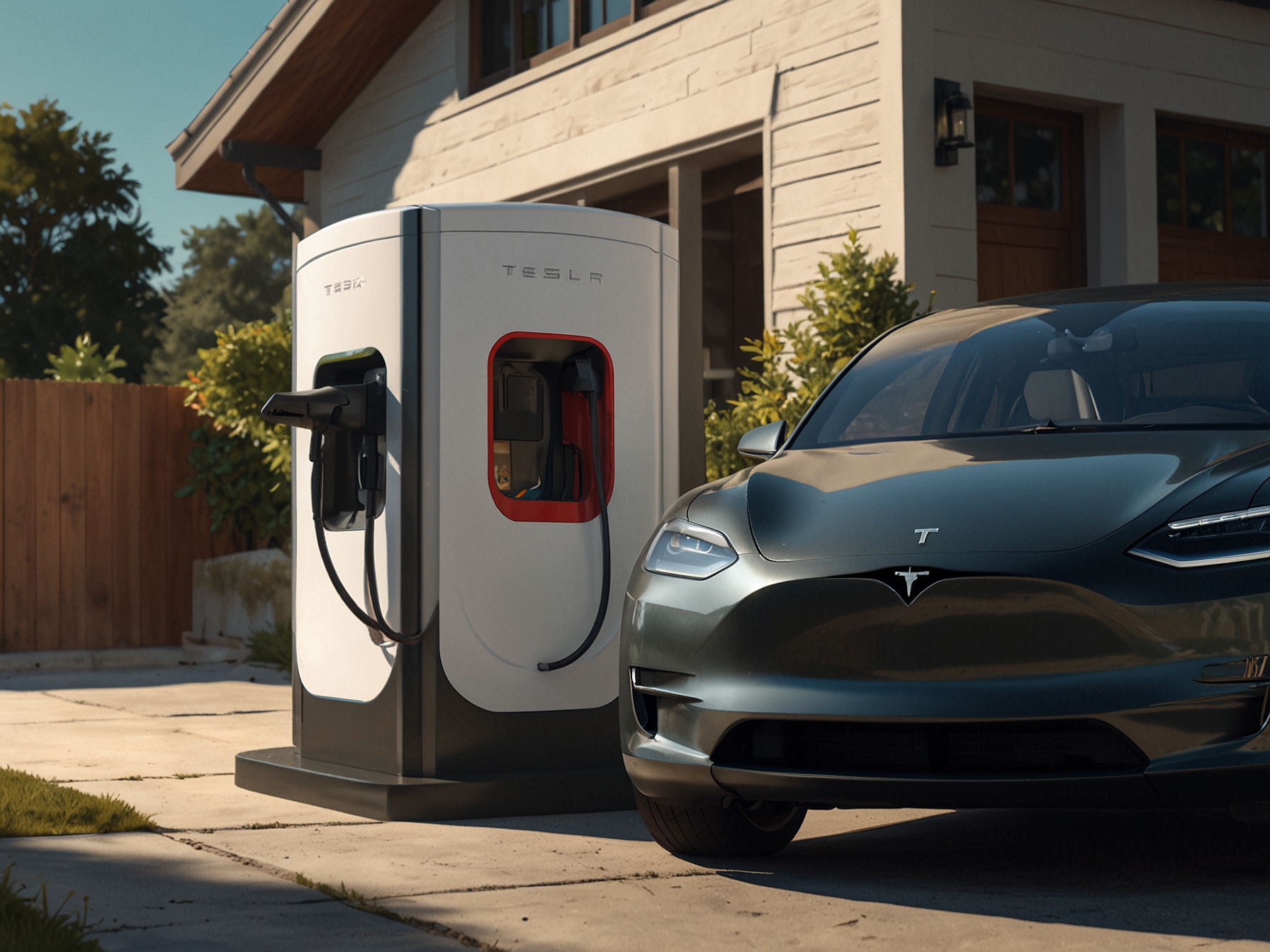 An illustration showing a Tesla Model Y at a home charging station and a Supercharger, highlighting the differences in charging costs and availability during long-distance travel.