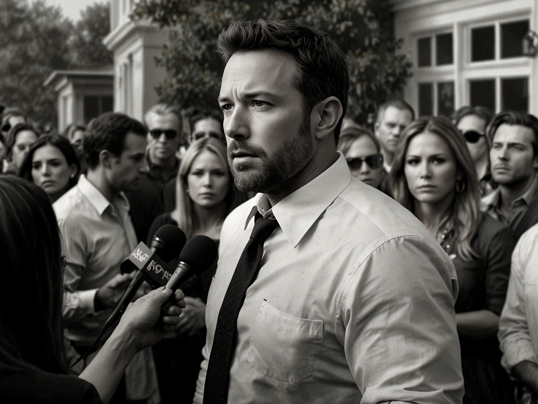Ben Affleck confronts a crowd of persistent reporters outside Jennifer Lopez's home, visibly upset and frustrated as he navigates the intense media scrutiny.