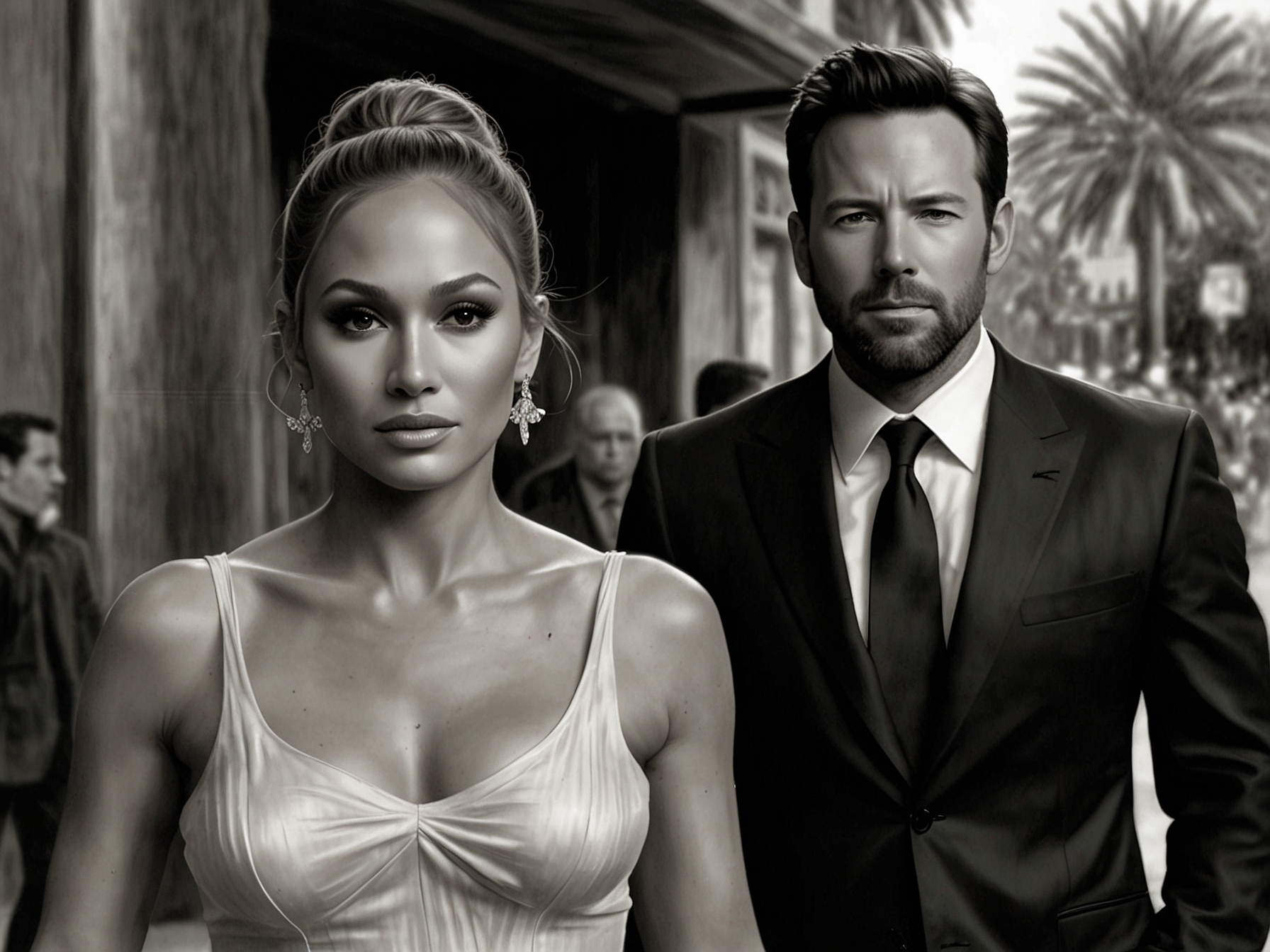 Jennifer Lopez and Ben Affleck walking together, portraying a calm yet tense moment, amidst swirling rumors and relentless attention from the press.