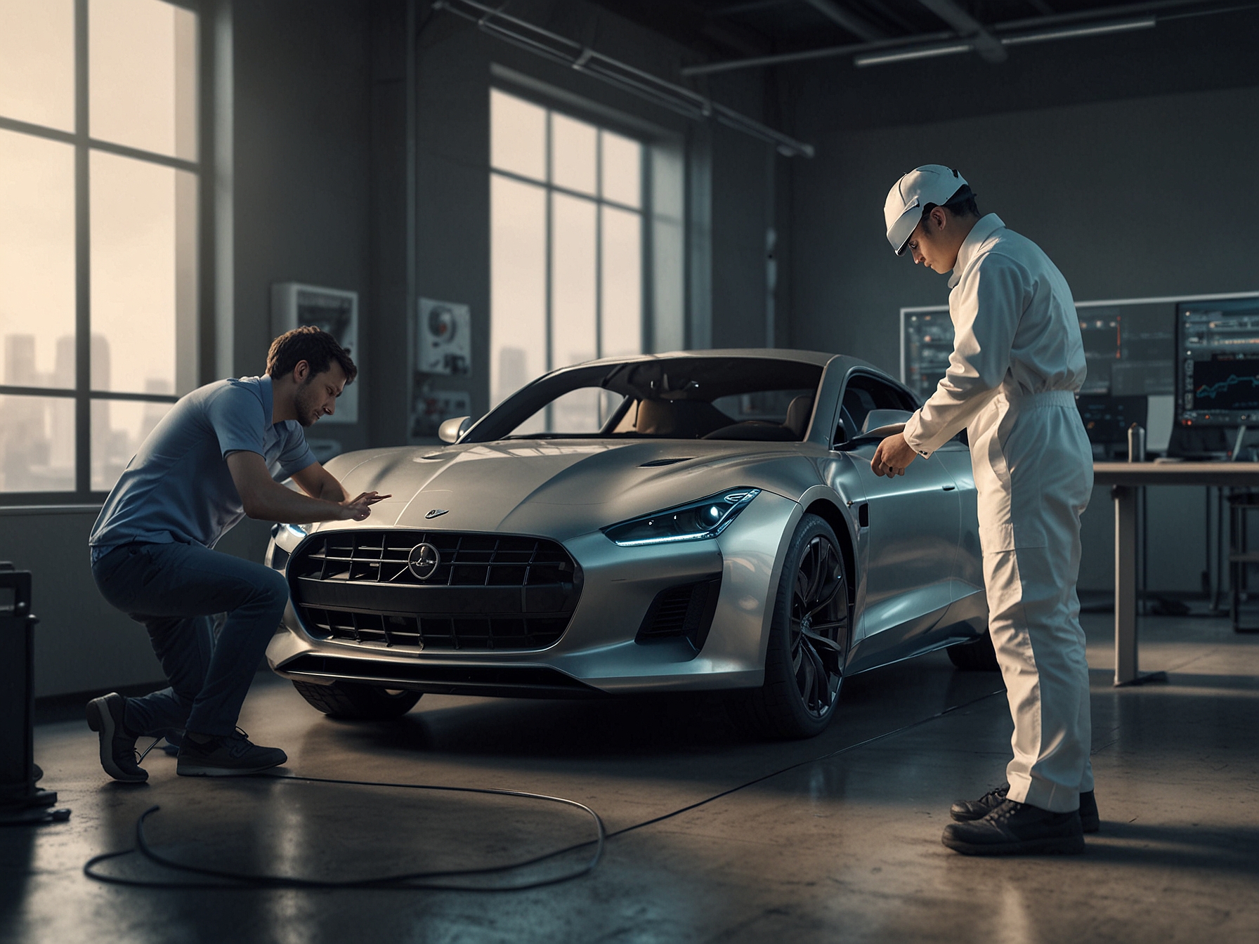An image depicting an AI assistant receiving a server upgrade, symbolizing a high-performance sports car, representing enhanced processing capabilities for better performance.