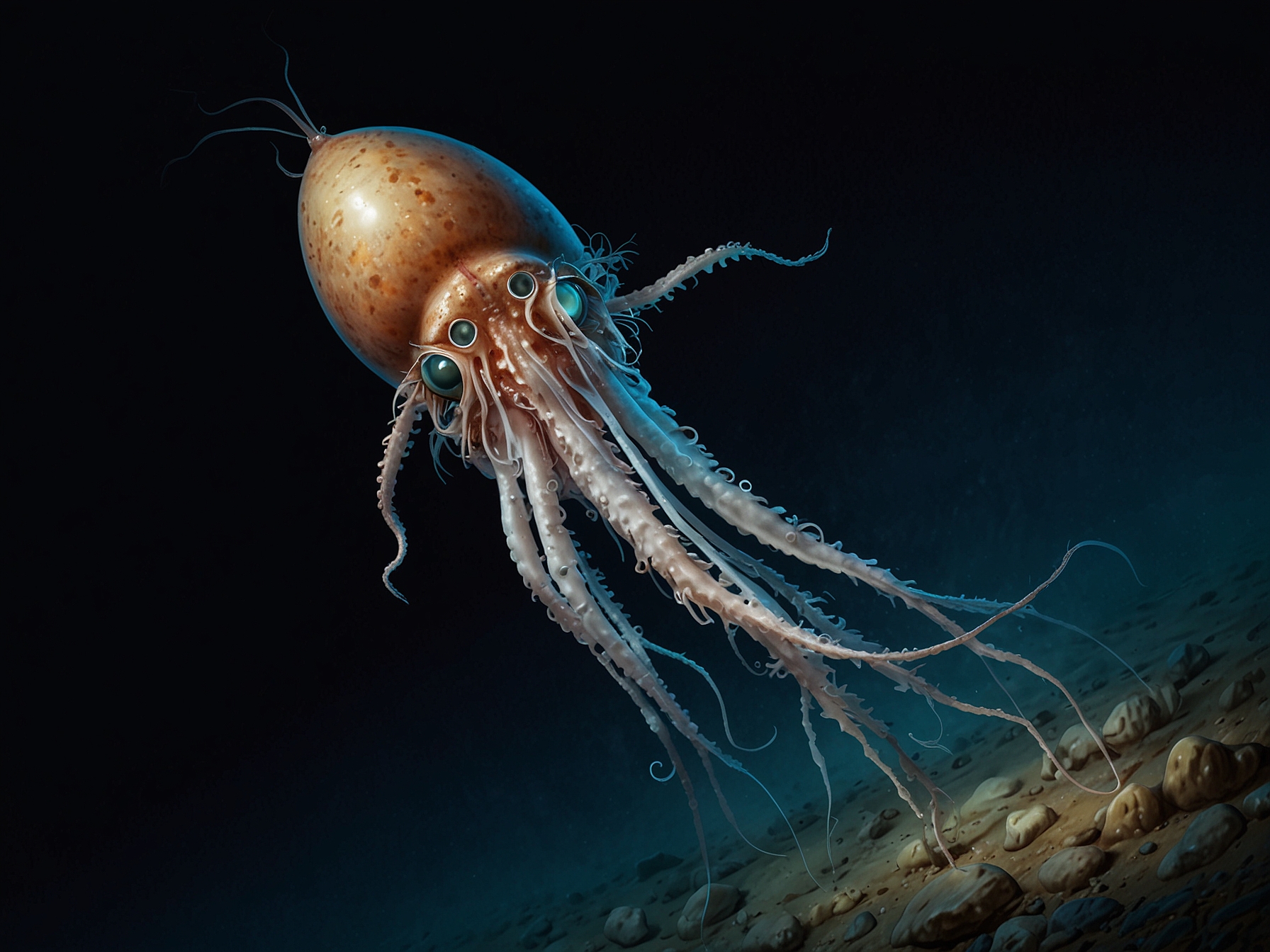 The deep-sea squid is shown clutching a large egg mass, highlighting its unique reproductive behavior. The image emphasizes the importance of technological advancements in studying marine life in extreme ocean depths.