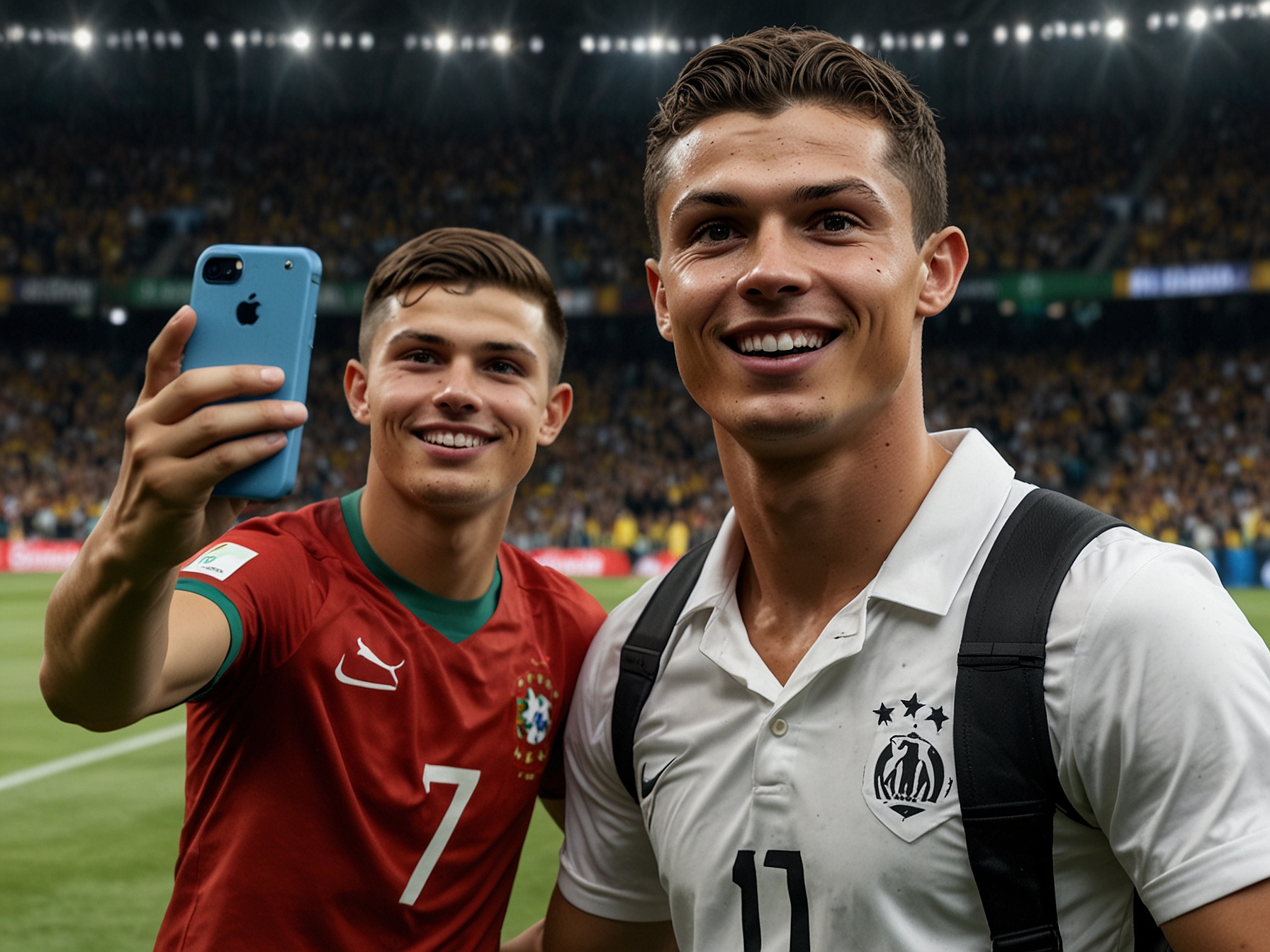 A young fan runs onto the field at Signal Iduna Park, excitedly approaching Cristiano Ronaldo with a smartphone for a selfie during the Euro 2024 match between Portugal and Turkey.
