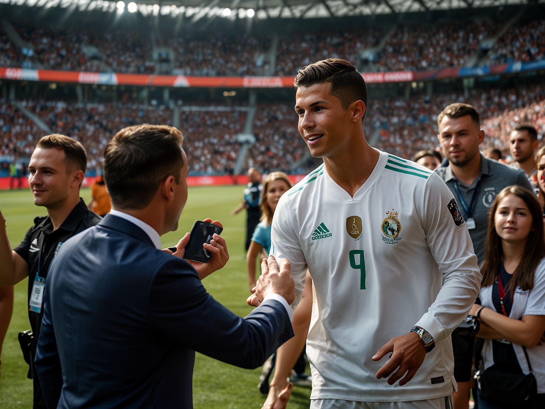 Cristiano Ronaldo poses briefly with a young fan who takes a selfie during the second half of the Euro 2024 match, as security personnel approach to escort the fan off the field.