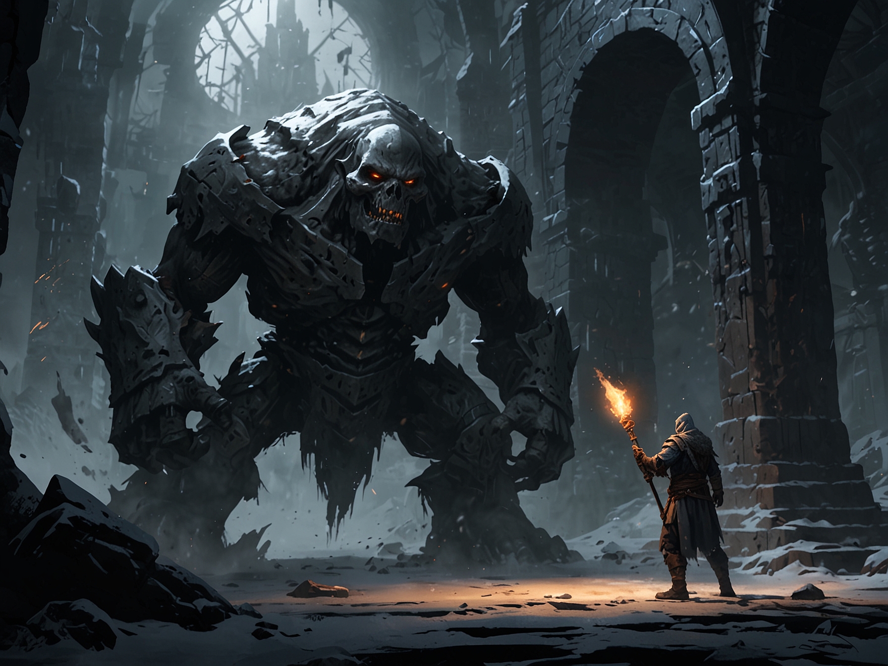 A player character preparing for battle, wielding a Frostbite-enchanted weapon, while carefully observing a towering Furnace Golem's movements in an eerie Elden Ring environment.