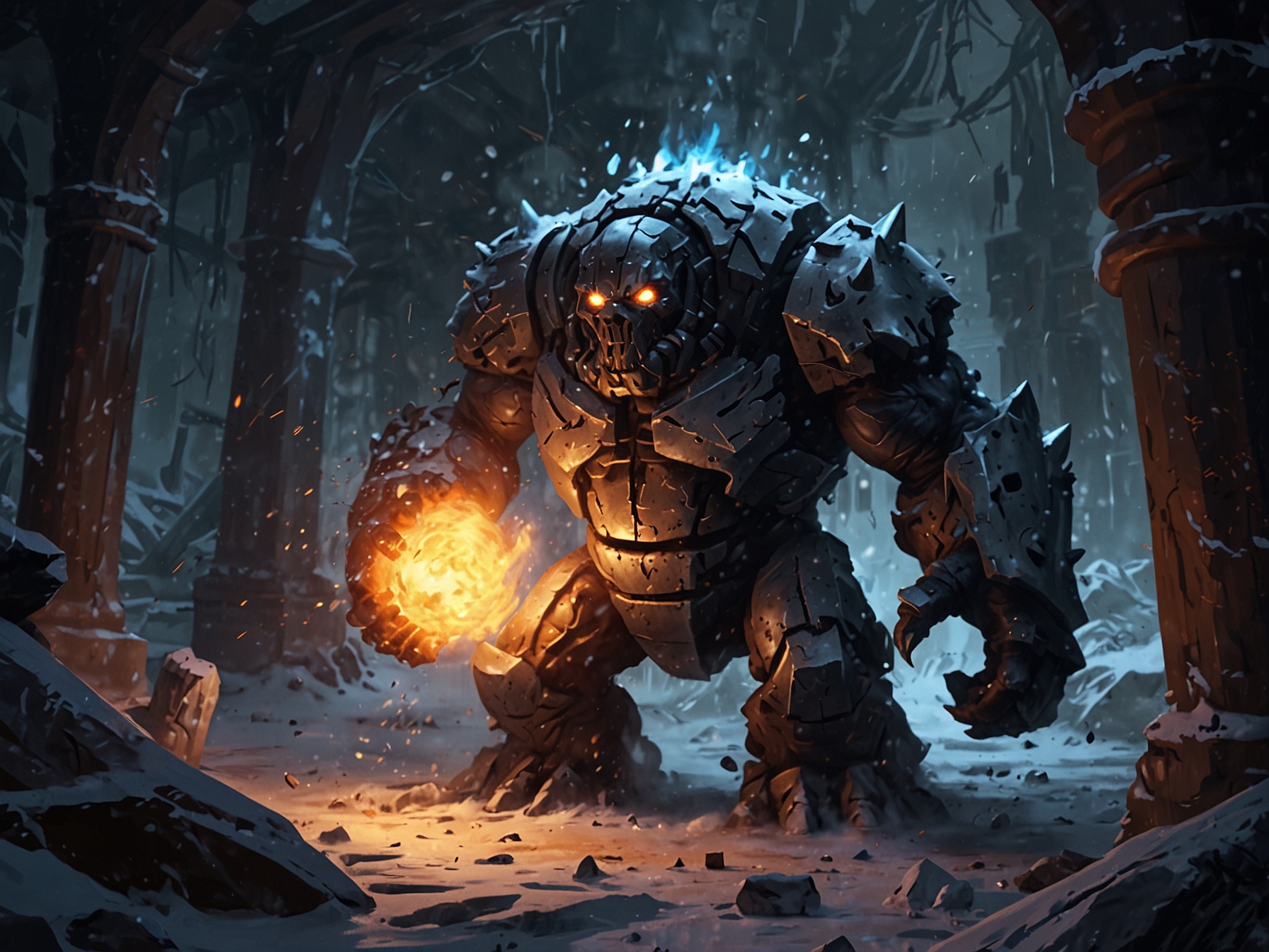 Close-up action scene of a Furnace Golem engulfed in icy effects, with the player unleashing frost attacks on its fiery core, visibly slowing and weakening the imposing enemy.