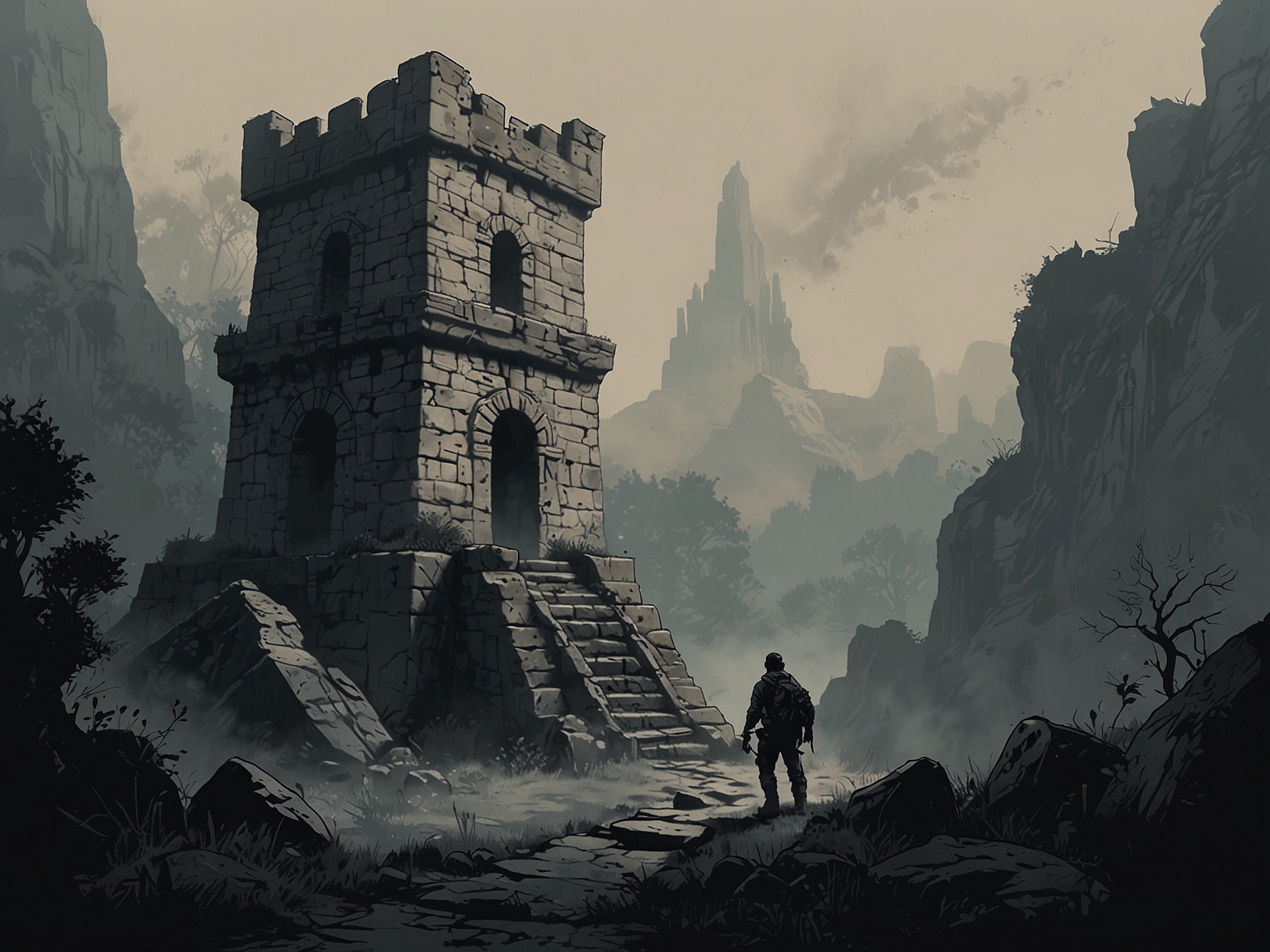 An adventurer traverses the eerie Mistwood Ruins shrouded in dense fog, looking for the hidden entrance marked by an intricate carving at the base of a stone tower.