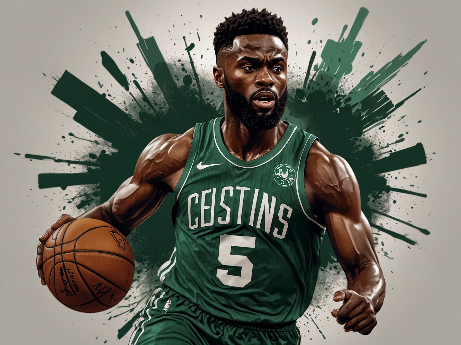 Jaylen Brown, clad in the Celtics' jersey, drives towards the basket with fierce determination, showcasing the skill and agility that earned him the NBA Finals MVP award.