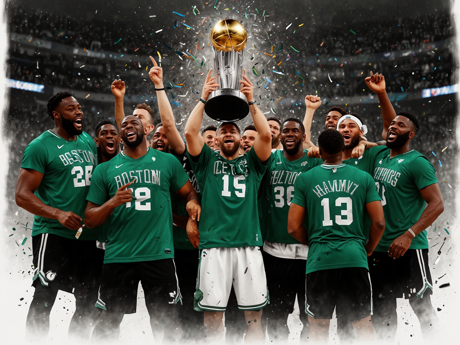 The Boston Celtics team, holding the NBA championship trophy high in celebration, surrounded by confetti, epitomize their victory and the 19th title in franchise history.