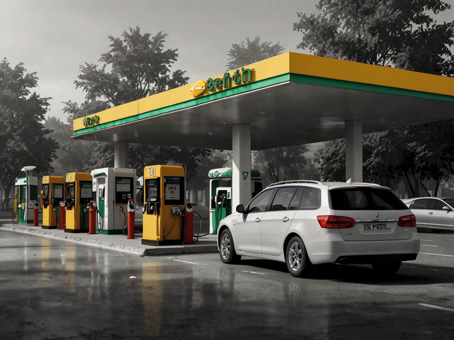 A CNG filling station with a line of vehicles including taxis and private cars, illustrating the increased fuel costs for both public and private vehicle owners due to the revised CNG prices.