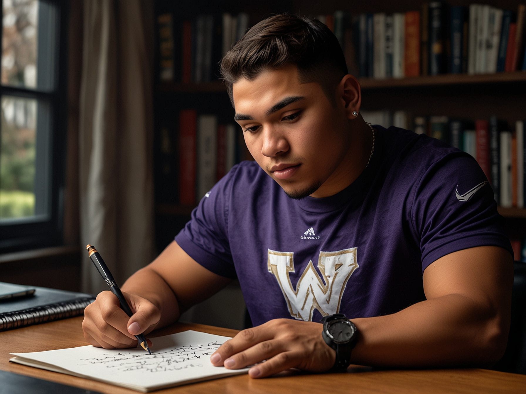 Victor Sanchez Hernandez Jr., a top local three-star edge rusher, signing his commitment to the University of Washington, symbolizing the strengthening of the Huskies' defensive unit.