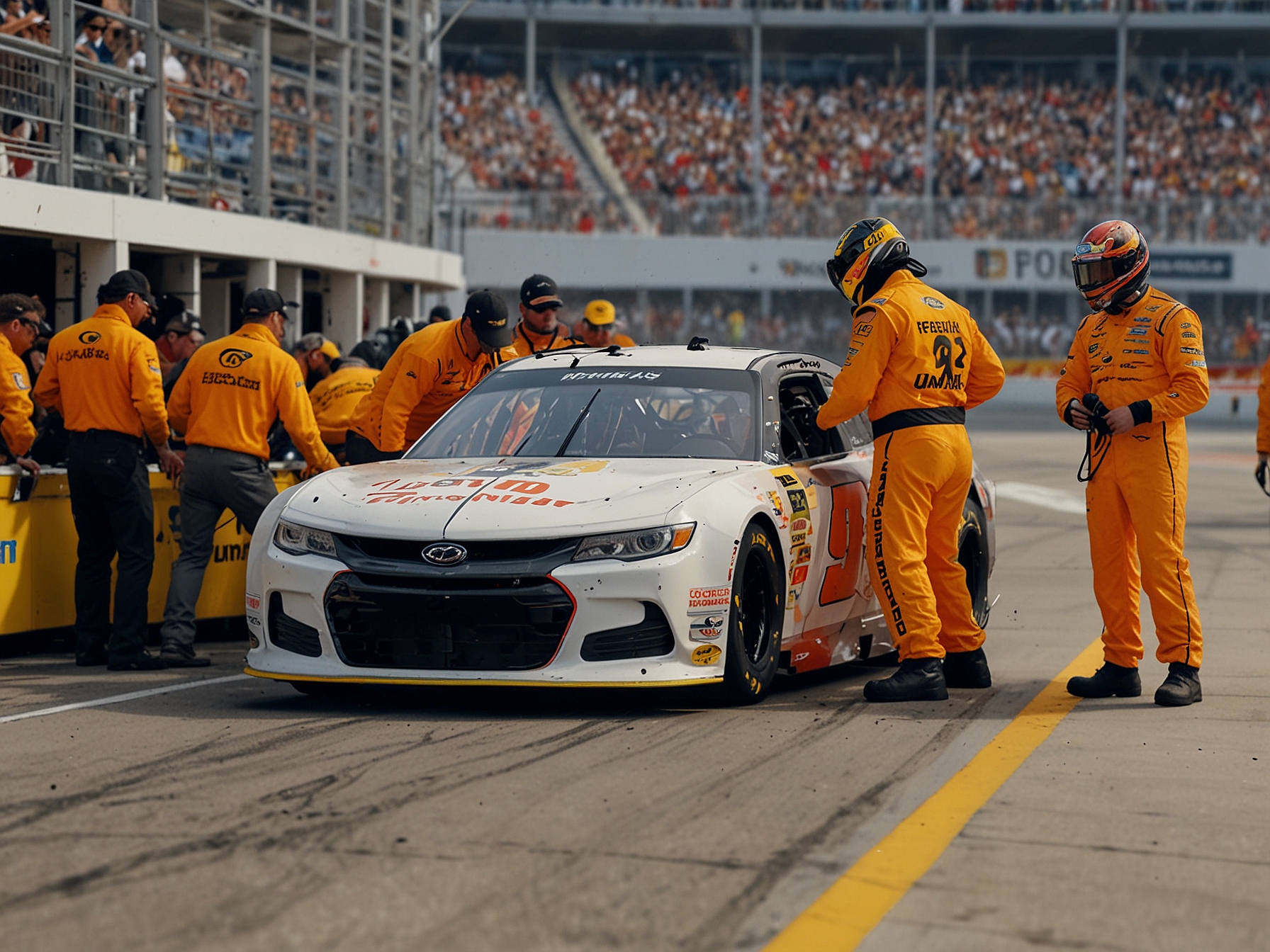 A tense moment during a pit stop for Brandon Jones at a NASCAR Xfinity Series race, capturing the technical and team challenges that have impacted his performance and progress.