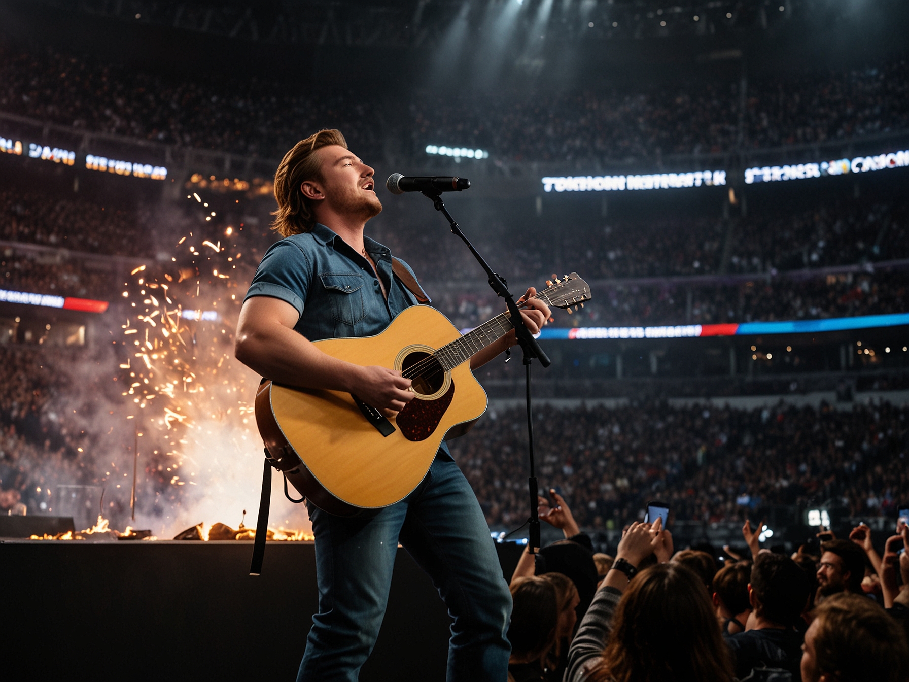 Morgan Wallen captivates the audience at U.S. Bank Stadium, performing his hit song 'Sand in My Boots' amidst stunning pyrotechnics and state-of-the-art lighting.
