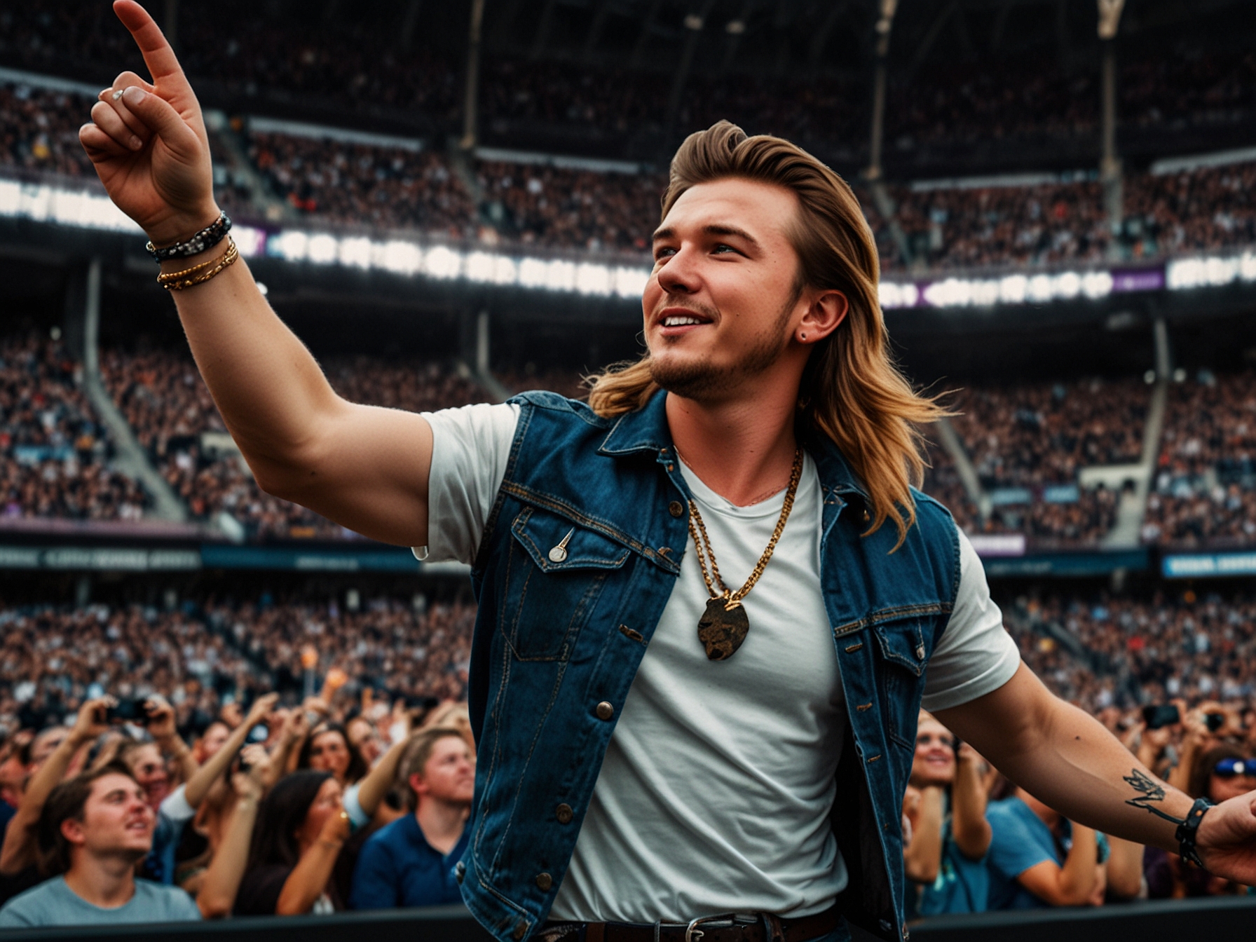 Fans at the sold-out U.S. Bank Stadium enjoy Morgan Wallen's dynamic performance, featuring a mix of country anthems, heartfelt ballads, and high-energy rock-influenced tracks.