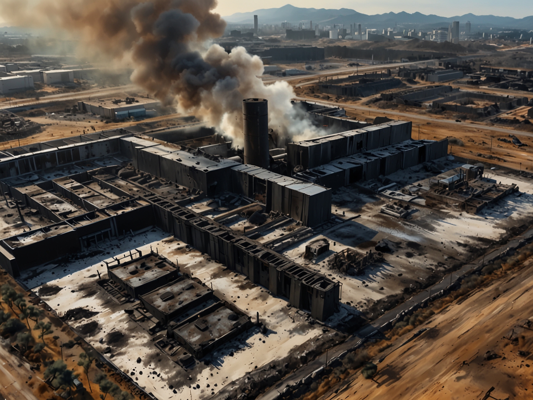 Aerial view of the burnt remains of the South Korean lithium battery plant showing destroyed structures and blackened debris scattered across the facility.