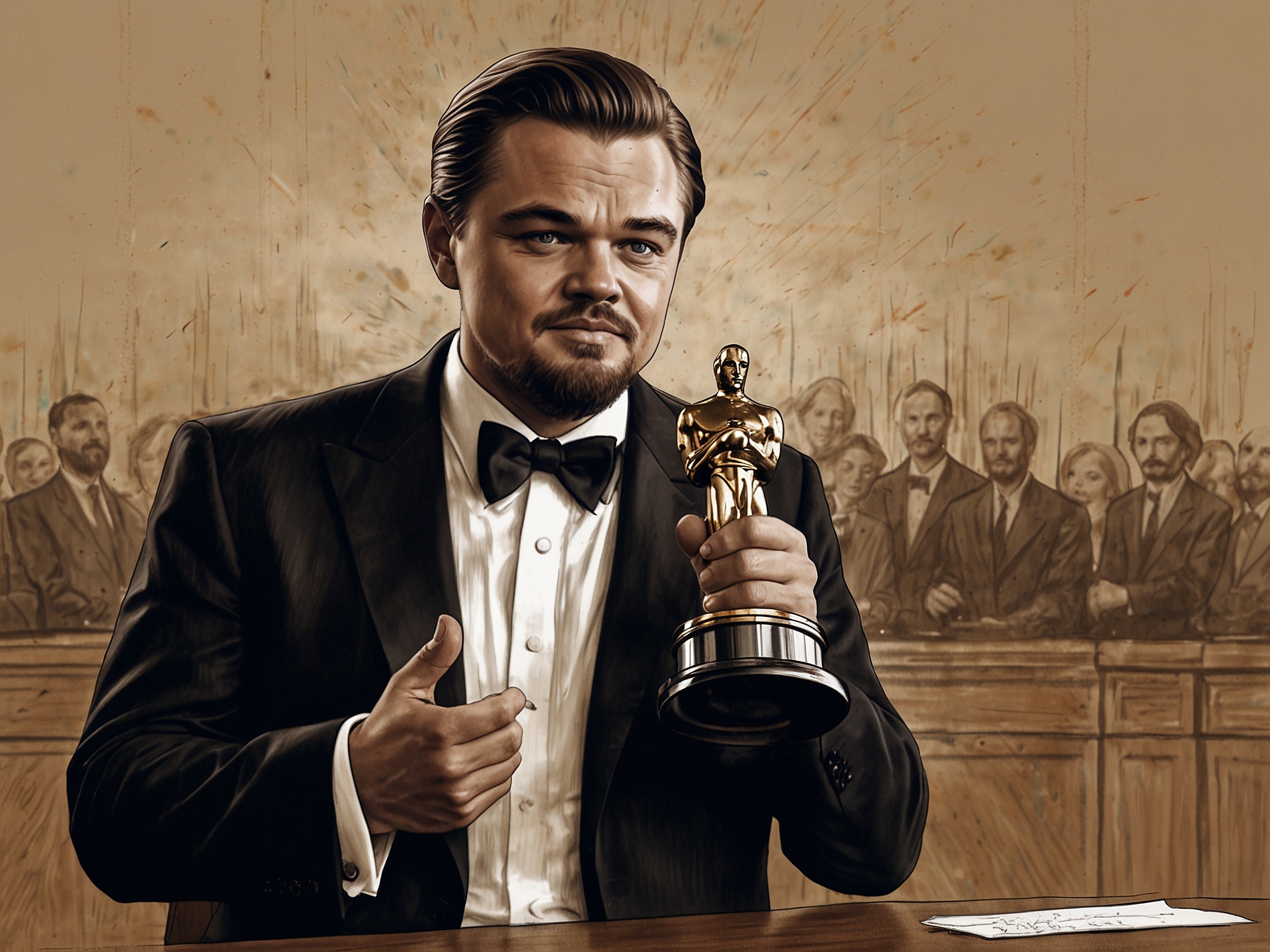 Leonardo DiCaprio holding his Oscar for Best Actor for his role in 'The Revenant,' celebrating a significant milestone in his illustrious acting career.