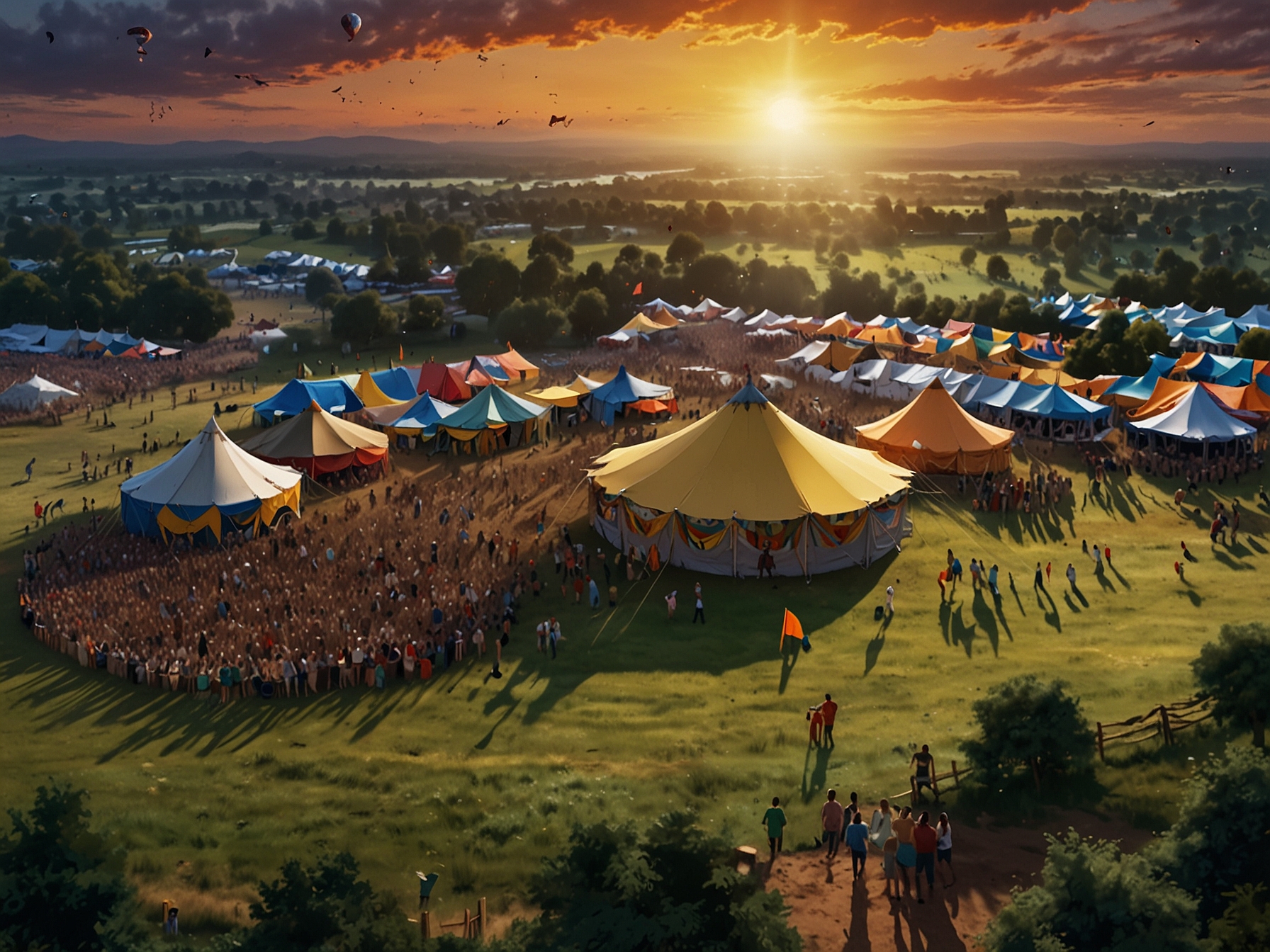 A bird's-eye view of the Glastonbury Festival grounds at Worthy Farm, showcasing the massive crowd of attendees, colorful tents, and multiple stages set up for performances.