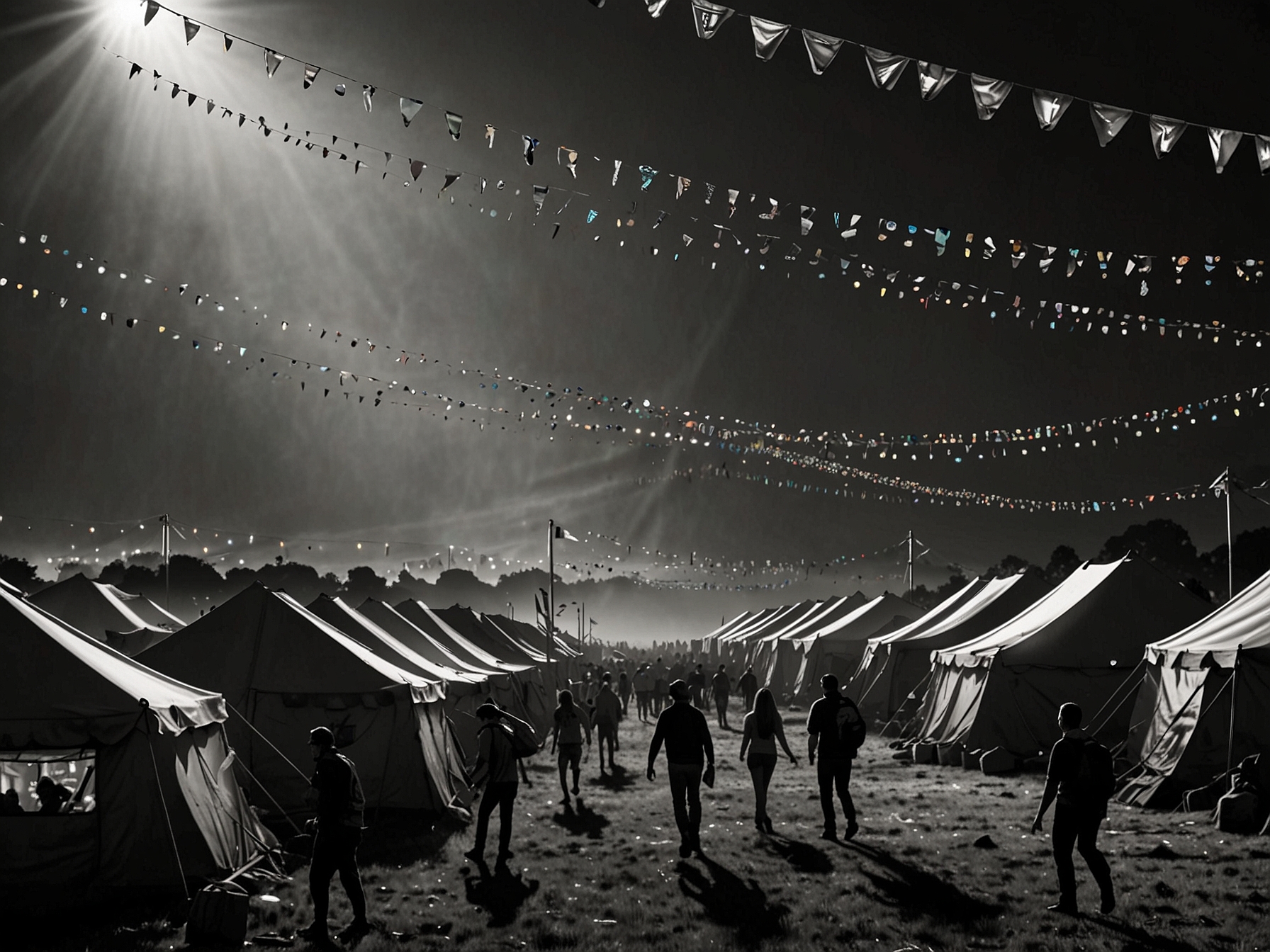 Festival-goers at Glastonbury navigate through a sea of tents, marked with unique flags and lights, exemplifying the importance of preparation and organization amidst the vast gathering.