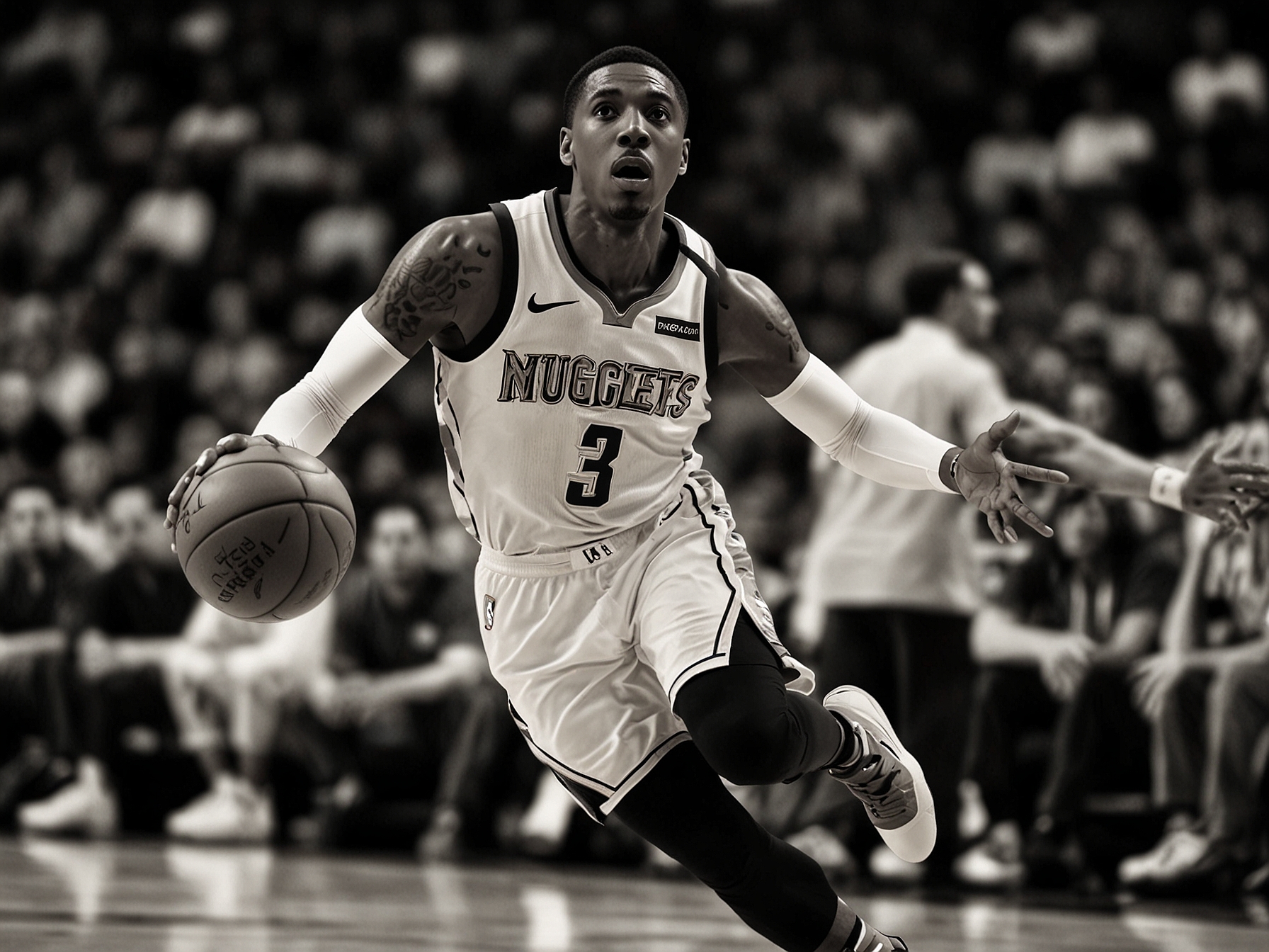 Kentavious Caldwell-Pope, in a Denver Nuggets jersey, executing a defensive play during an NBA game. His defensive skills could be crucial for the Philadelphia 76ers’ backcourt.