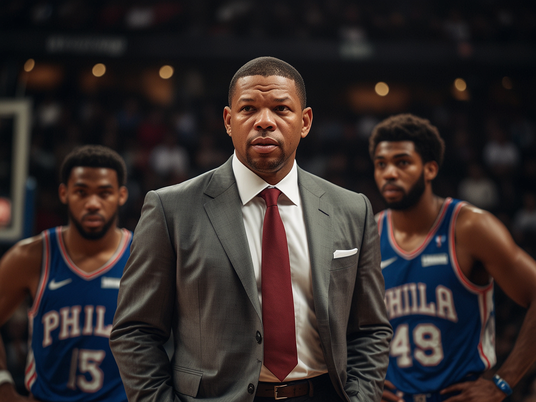 Philadelphia 76ers’ head coach Doc Rivers discussing tactics with players on the sidelines. Bringing in Caldwell-Pope could provide Rivers with greater rotational flexibility and strategic depth.