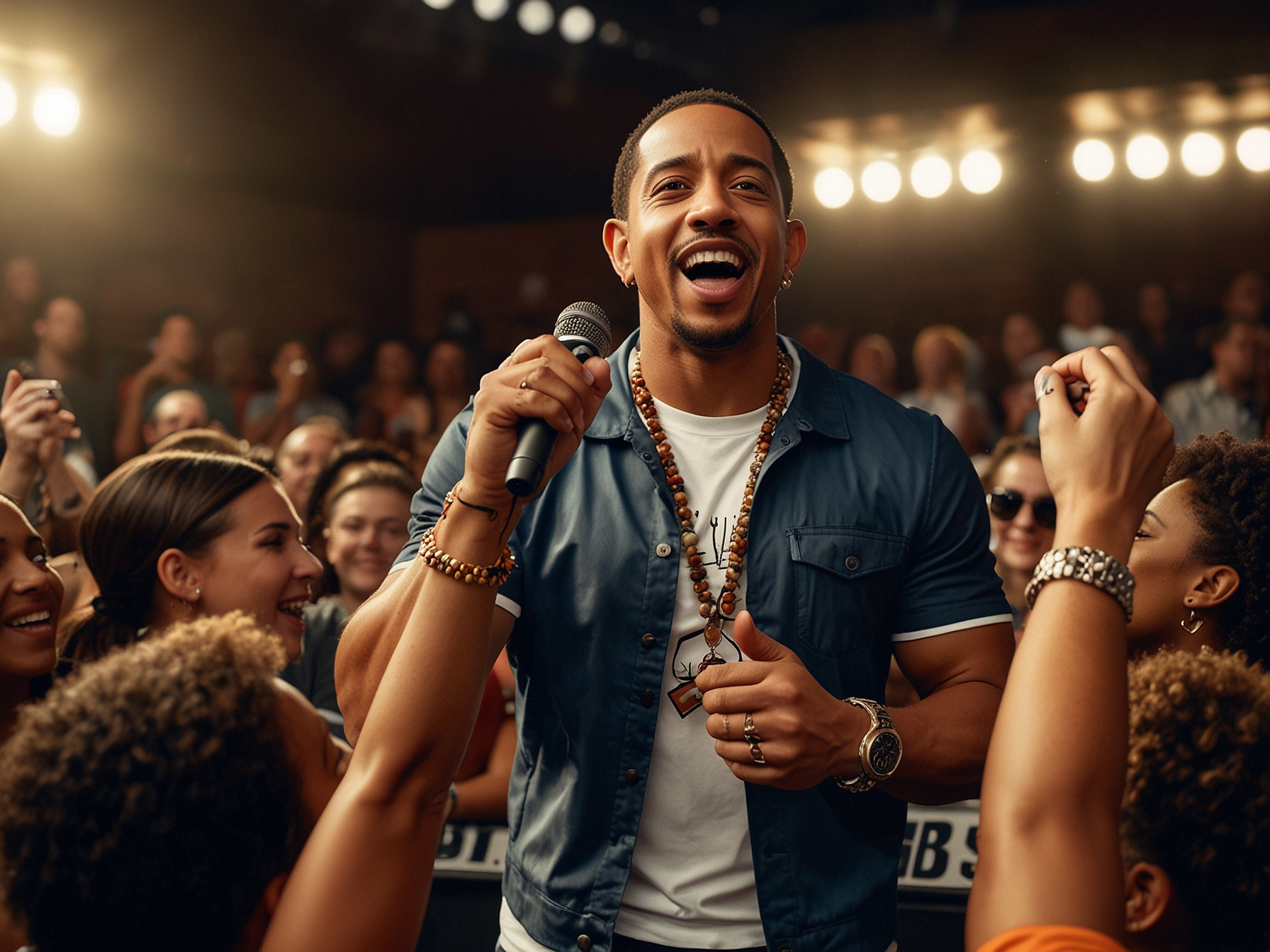 Ludacris passionately performs with a JBL speaker at an impromptu concert, illustrating the dynamic sound quality and connection with his fans despite the Milwaukee show cancellation.