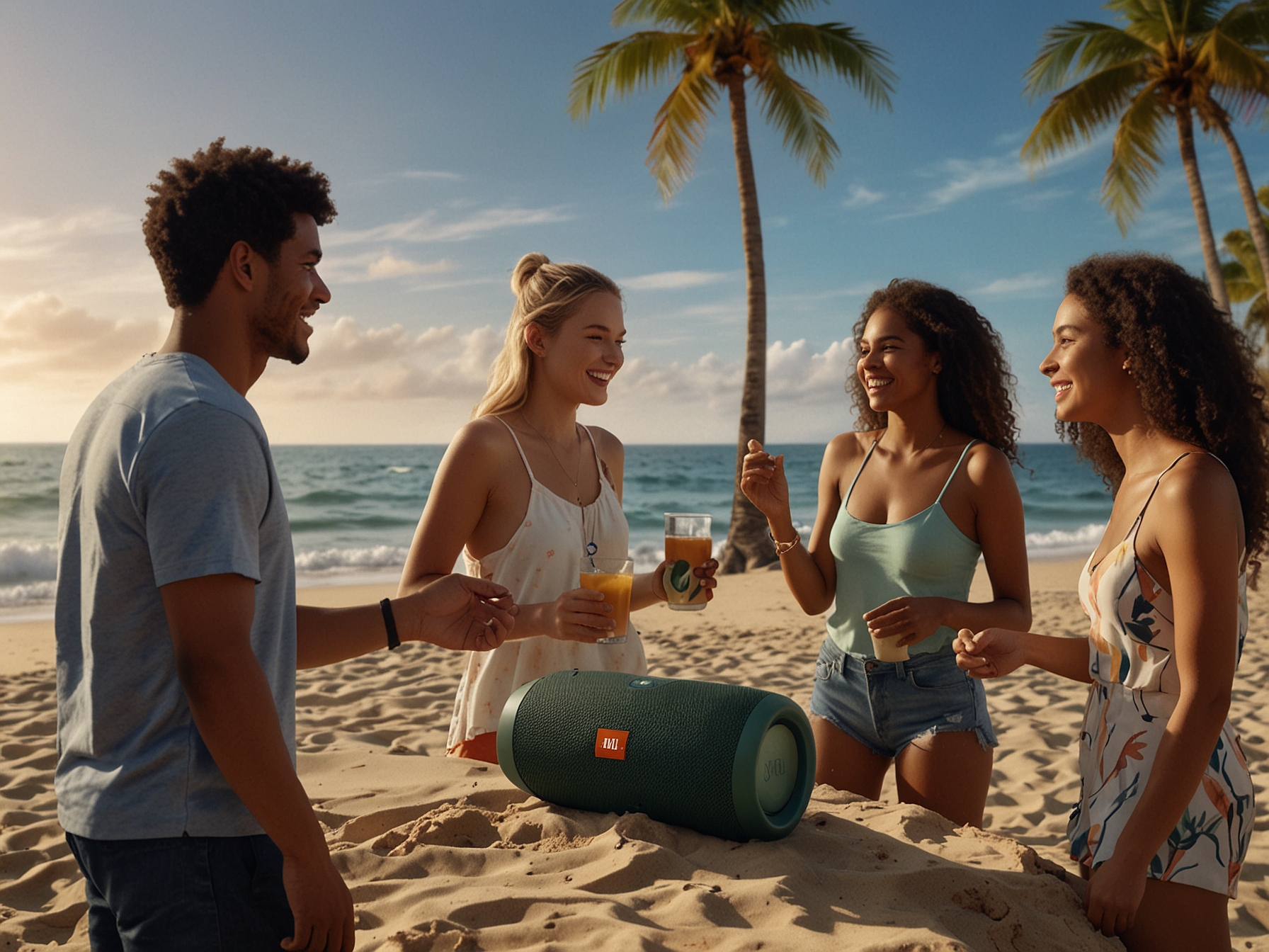 A group of friends enjoy a beach party with the JBL Flip 6 speaker, highlighting its portable design, powerful audio output, and durability in outdoor summer settings.