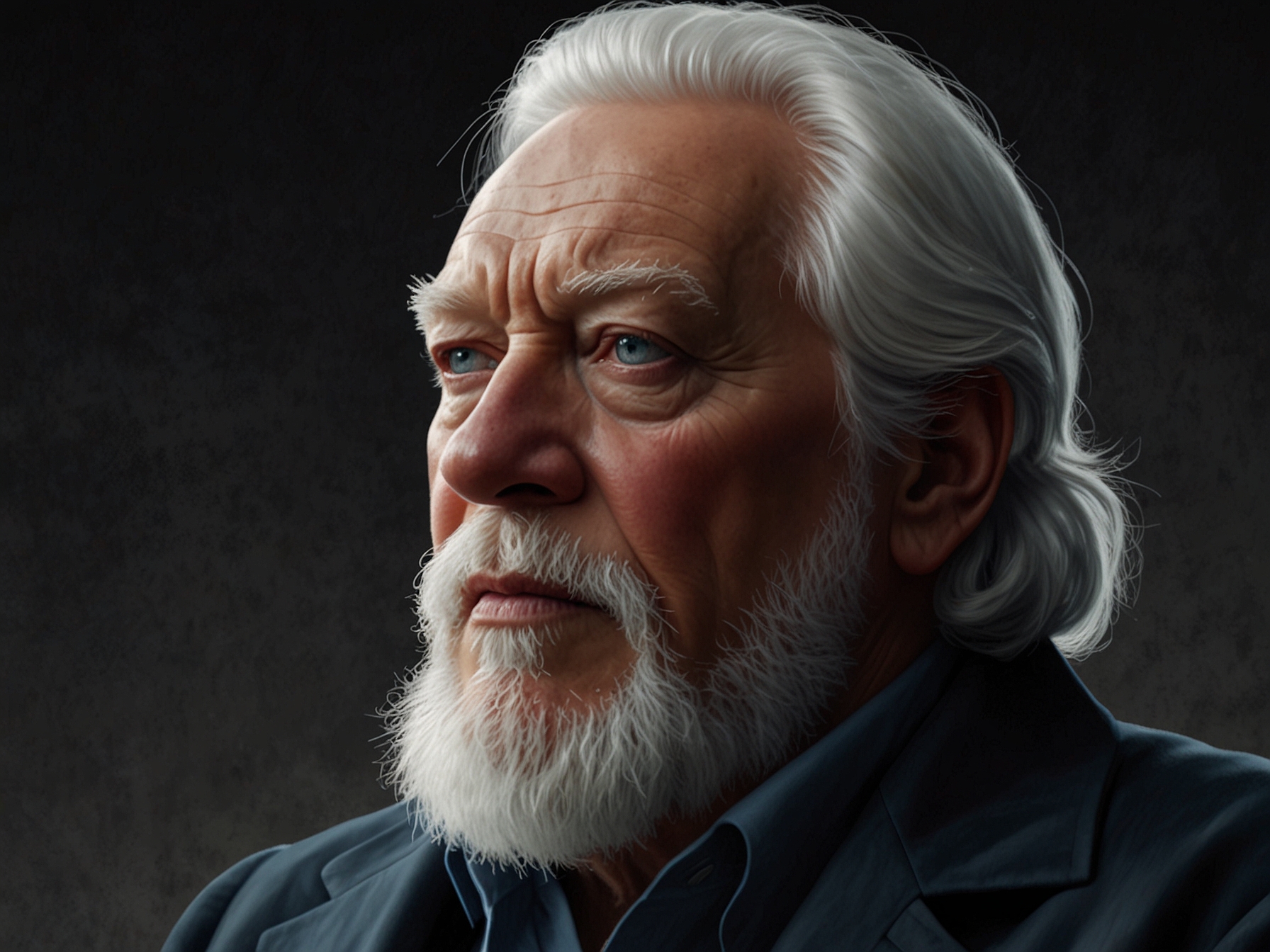 A portrait of Donald Sutherland as President Snow in 'The Hunger Games' series, capturing the chilling realism he brought to the dystopian antagonist, earning praise from fans and critics.