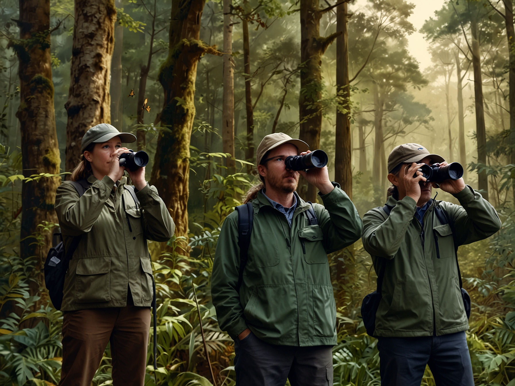 A group of birdwatchers, equipped with binoculars and cameras, observes a dense forest area. They are part of a global initiative to locate 126 'lost' bird species, contributing valuable data for conservation efforts.