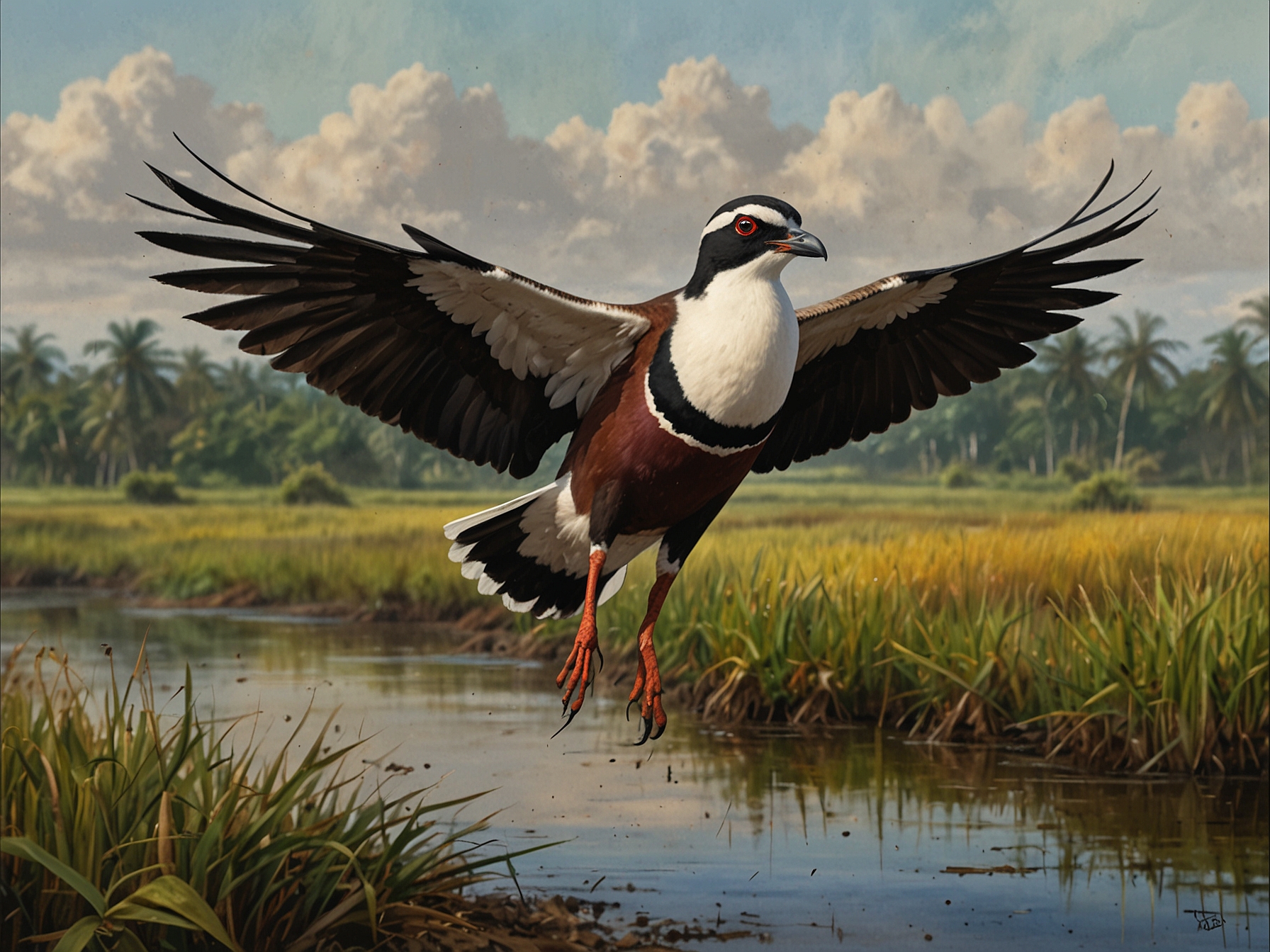 A colorful Javan Lapwing, one of the 'lost' bird species, flying over a marshland in Indonesia. Birdwatchers are encouraged to report sightings of such species to aid in their conservation.
