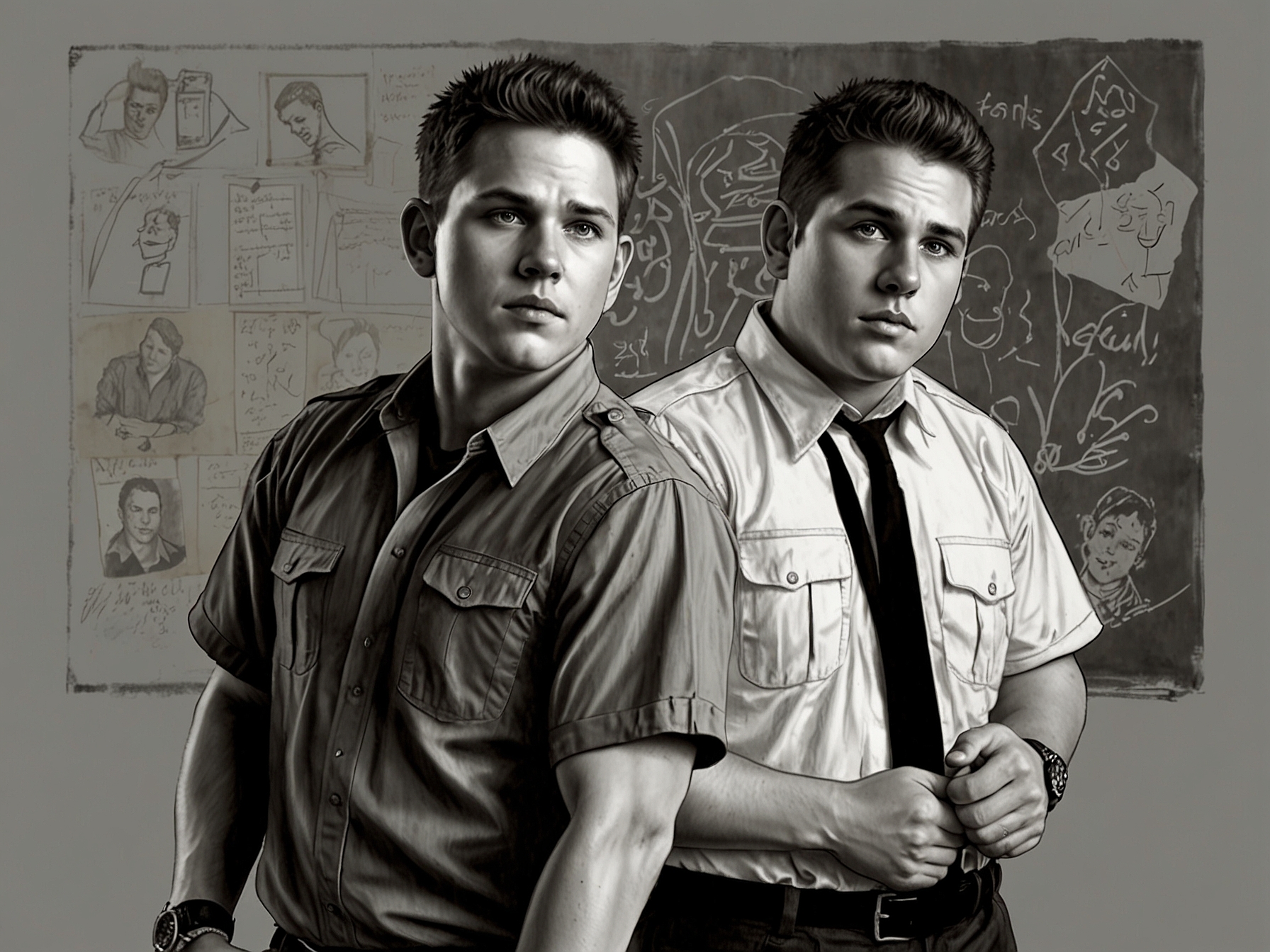 An illustration of Channing Tatum and Jonah Hill in their iconic '21 Jump Street' roles, highlighting their chemistry and camaraderie that's central to the series' success.