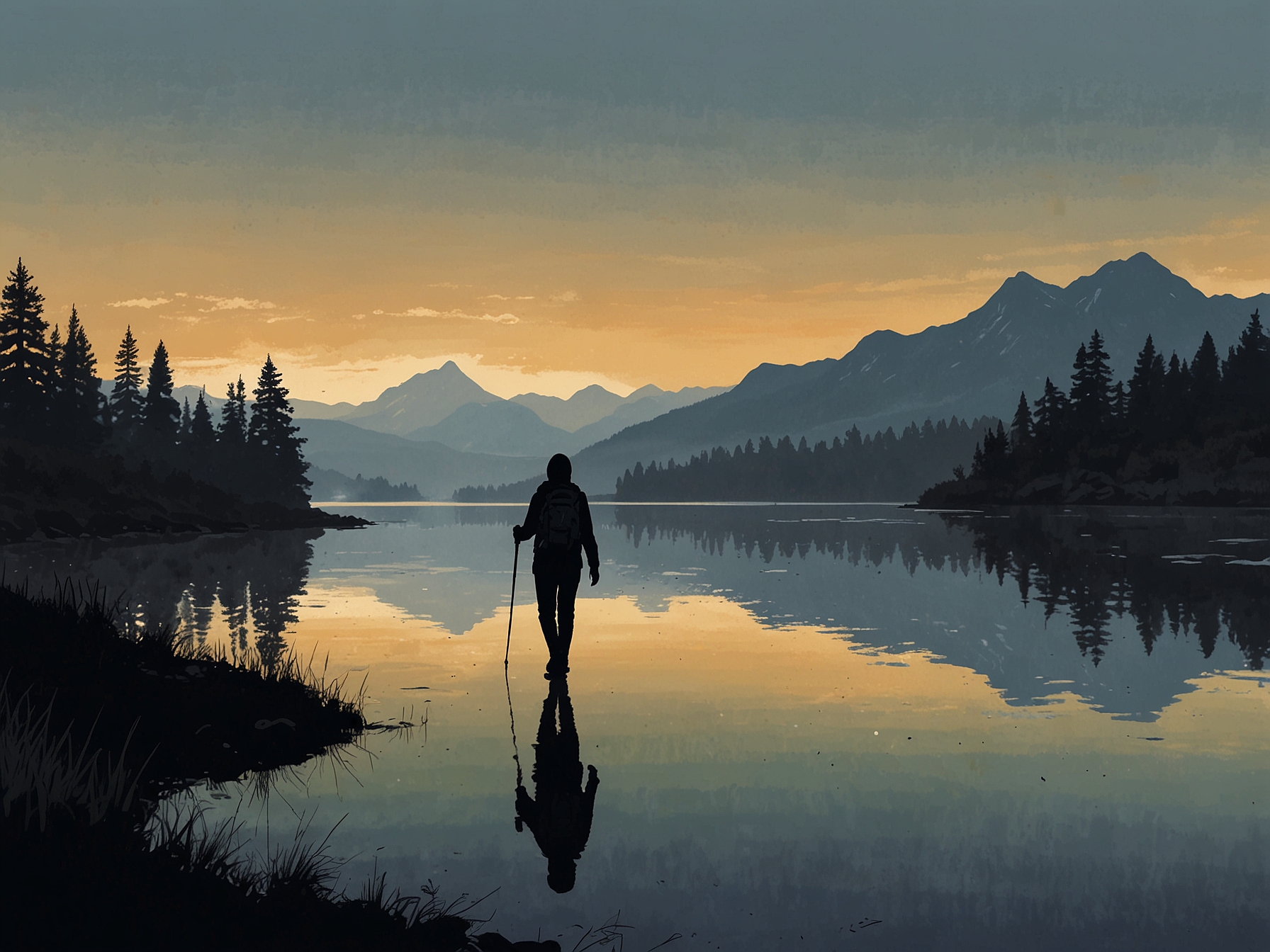 A silhouette of Dr. Claire Bailey hiking by a serene lakeside, capturing moments of peace and self-care amidst her journey of grief following the sudden loss of her husband.
