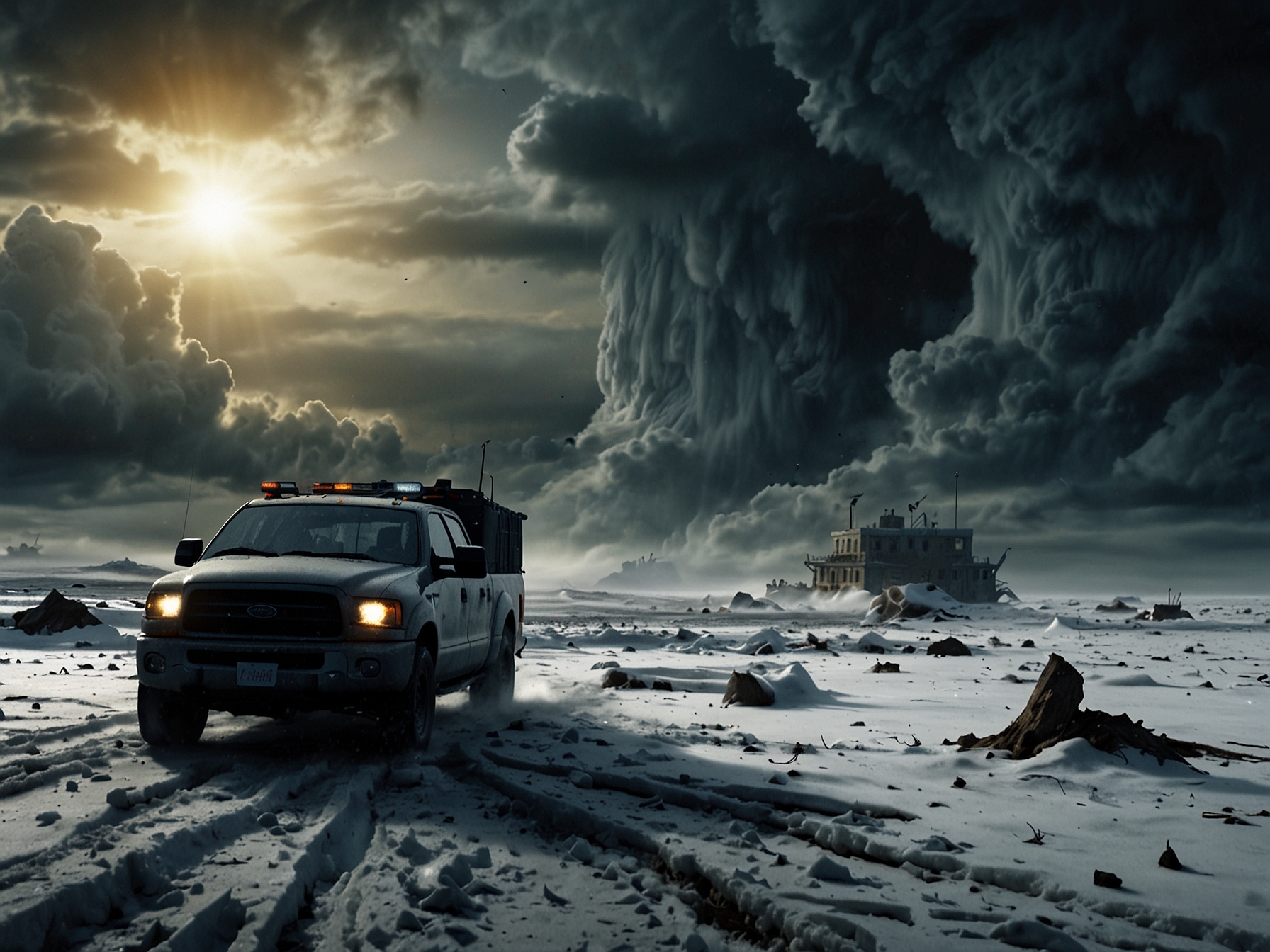 Image showing a dramatic scene from 'The Day After Tomorrow,' with characters facing extreme weather events, highlighting the film's depiction of climate change consequences.