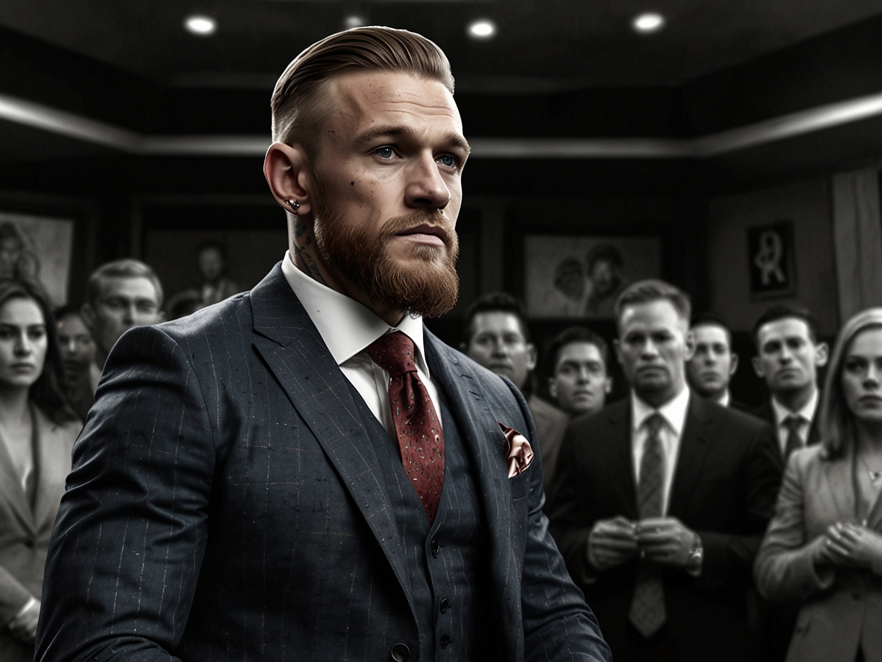 Conor McGregor, dressed in a sharp, tailored suit, confidently addressing the media during his first public appearance since announcing his injury, with a crowd of fans and photographers in the background.