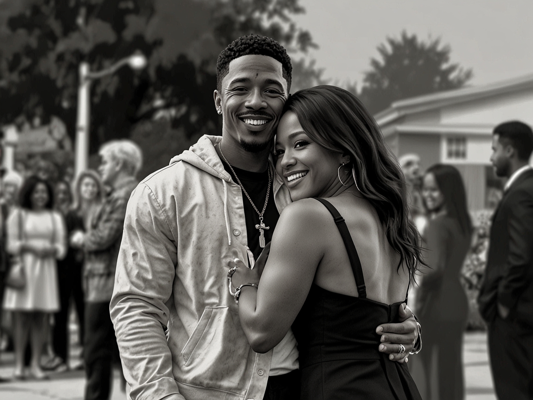 Nick Cannon and Alyssa Scott, holding each other's hands and smiling, surrounded by family and friends during a memorial celebration for their late son Zen, illustrating unity and love.