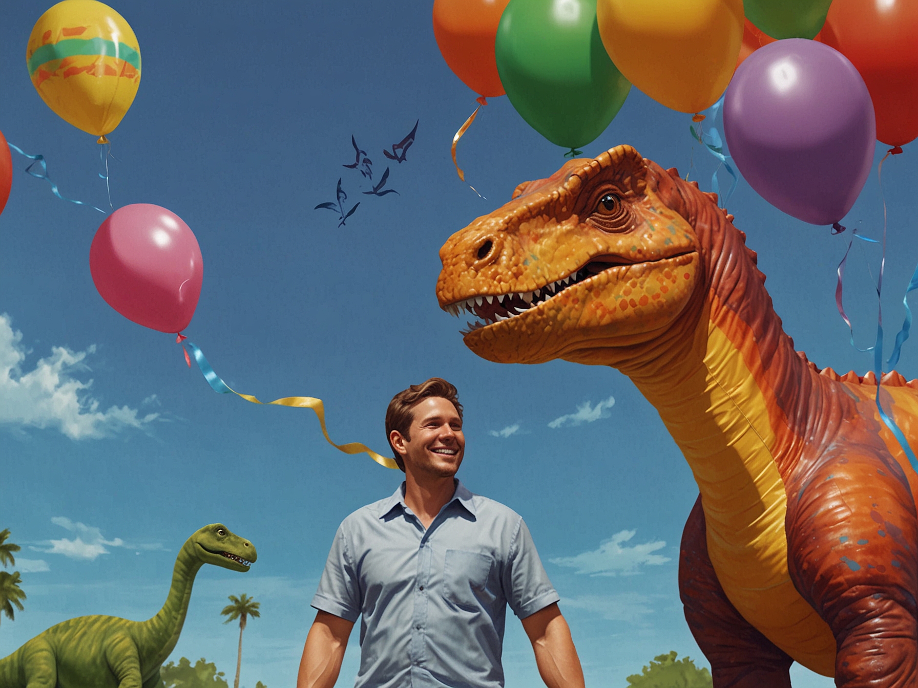 Crew Gaines grins ear to ear as he holds a colorful kite against a clear blue sky in the backyard, adorned with life-size dinosaur decorations and vibrant balloons.
